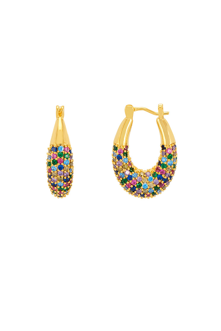 Rainbow CZ Chubby Oval Hoop Earrings - Sparkling Cubic Zirconia Studded Statement Jewelry for Women | Perfect for Parties, Weddings & Everyday Wear