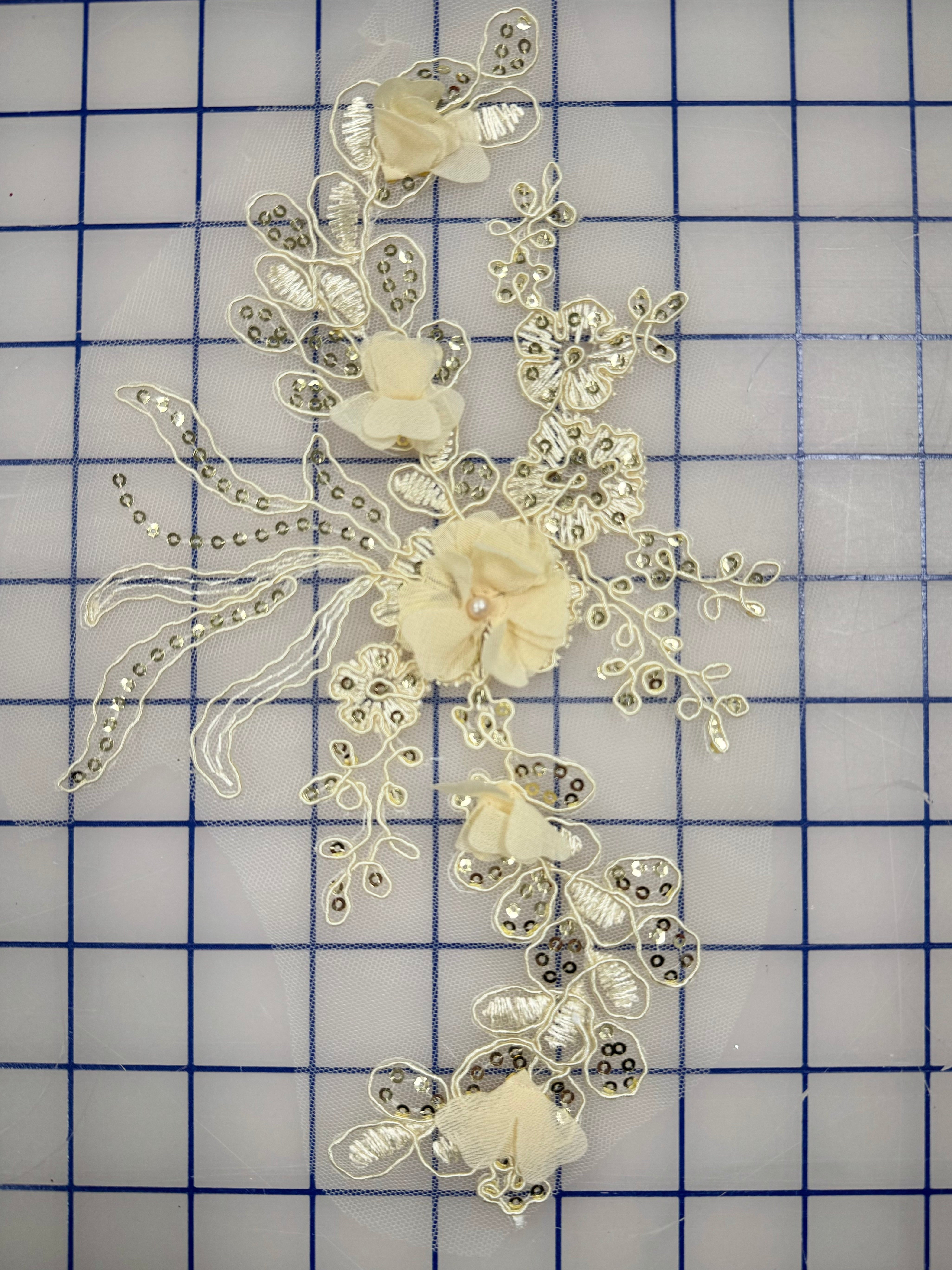 Golden Yellow 3D Sequined Embroidered Applique Pairs - Elegant Corded Motif for DIY Crafts, Wedding Dresses & Home Decor