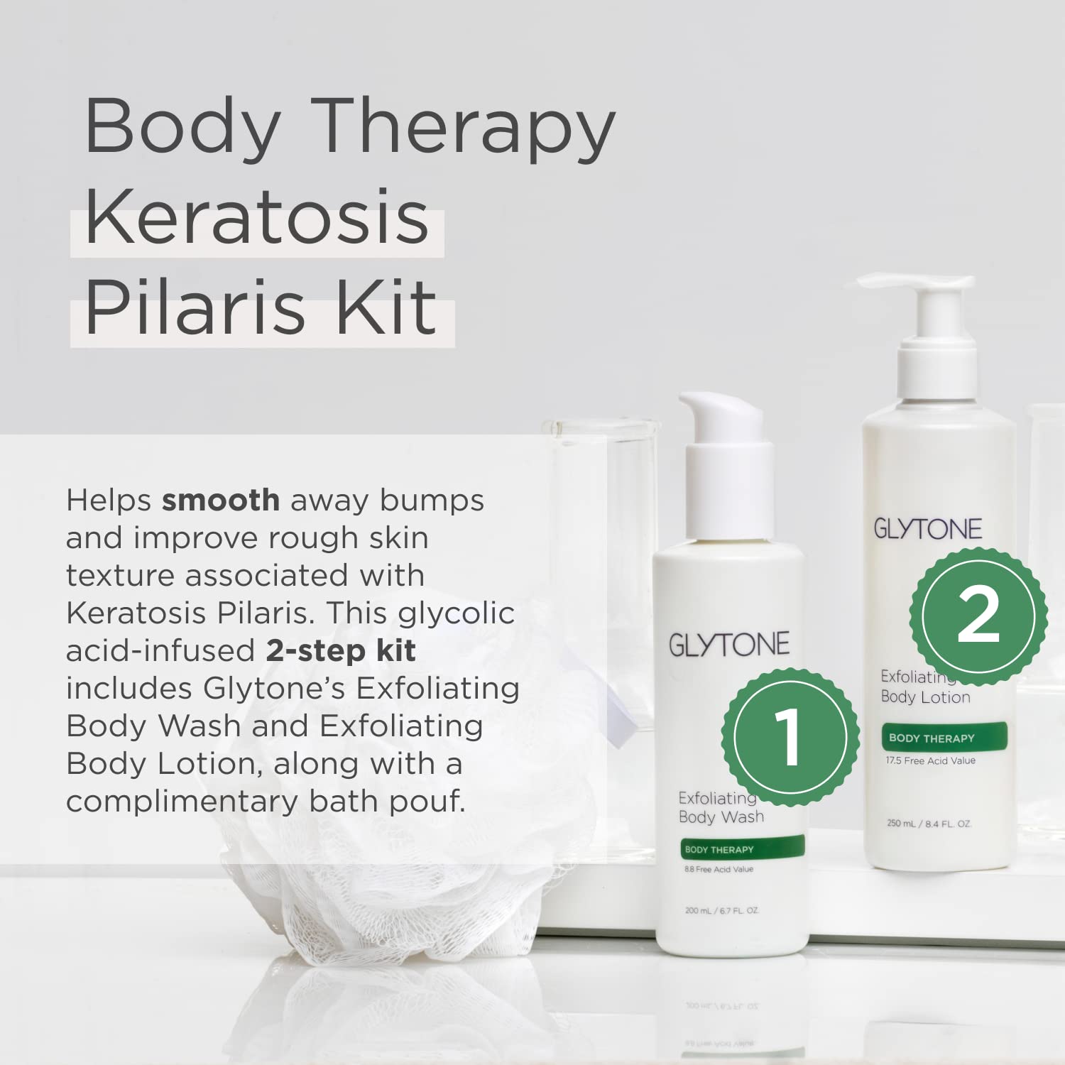 Glytone KP Kit for Keratosis Pilaris Treatment - Exfoliating Body Wash & Lotion Set with Shower Pouf - Smooth Rough Bumpy Skin, Fragrance-Free Skincare Routine - Perfect for Dry Skin, Body Acne & Chicken Skin Relief - Ideal for Daily Shower & Post-Workout Care