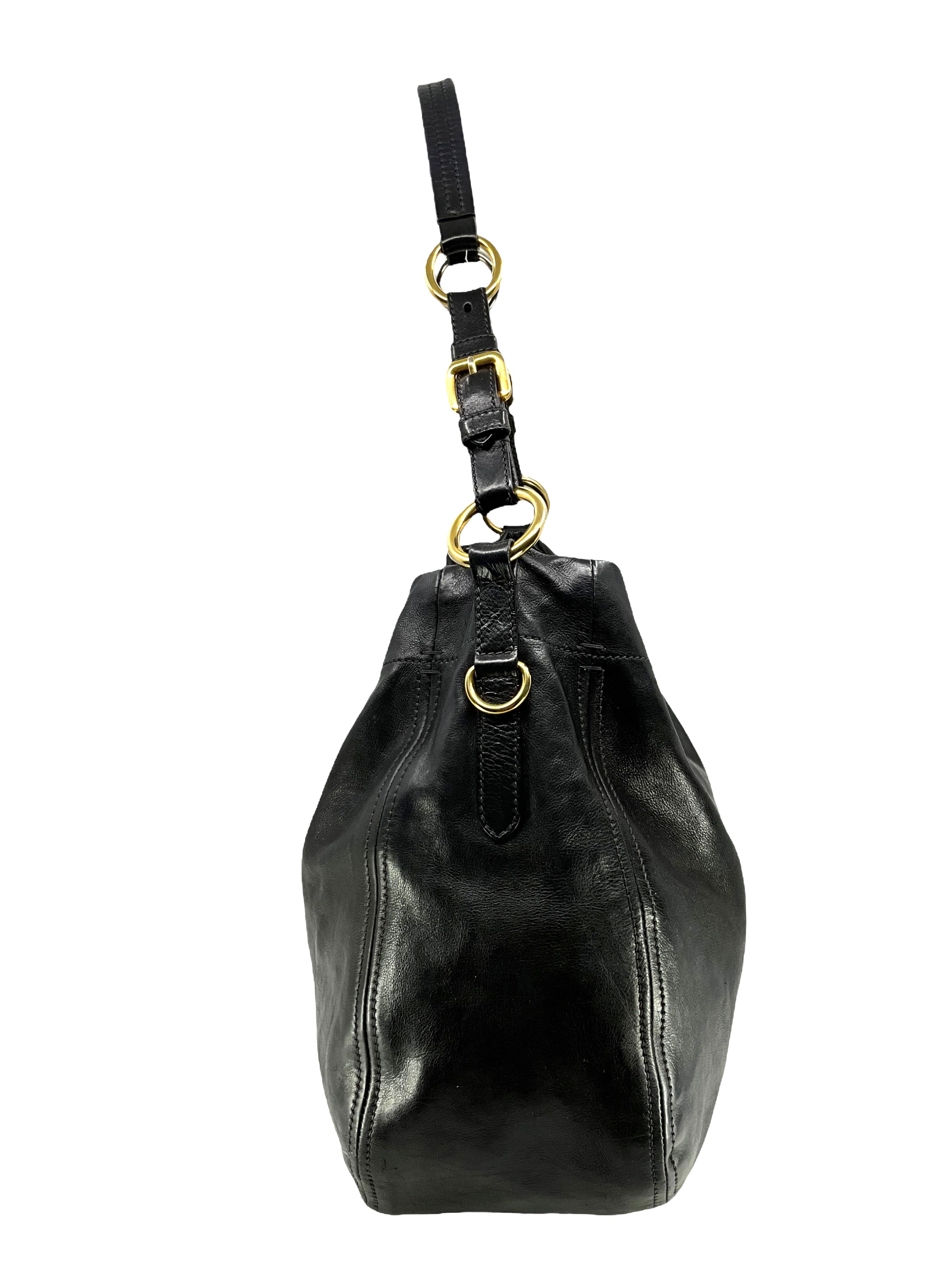Prada Black Glace Calf Leather Hobo Handbag for Women - Luxury Shoulder Bag for Work, Travel & Everyday Use