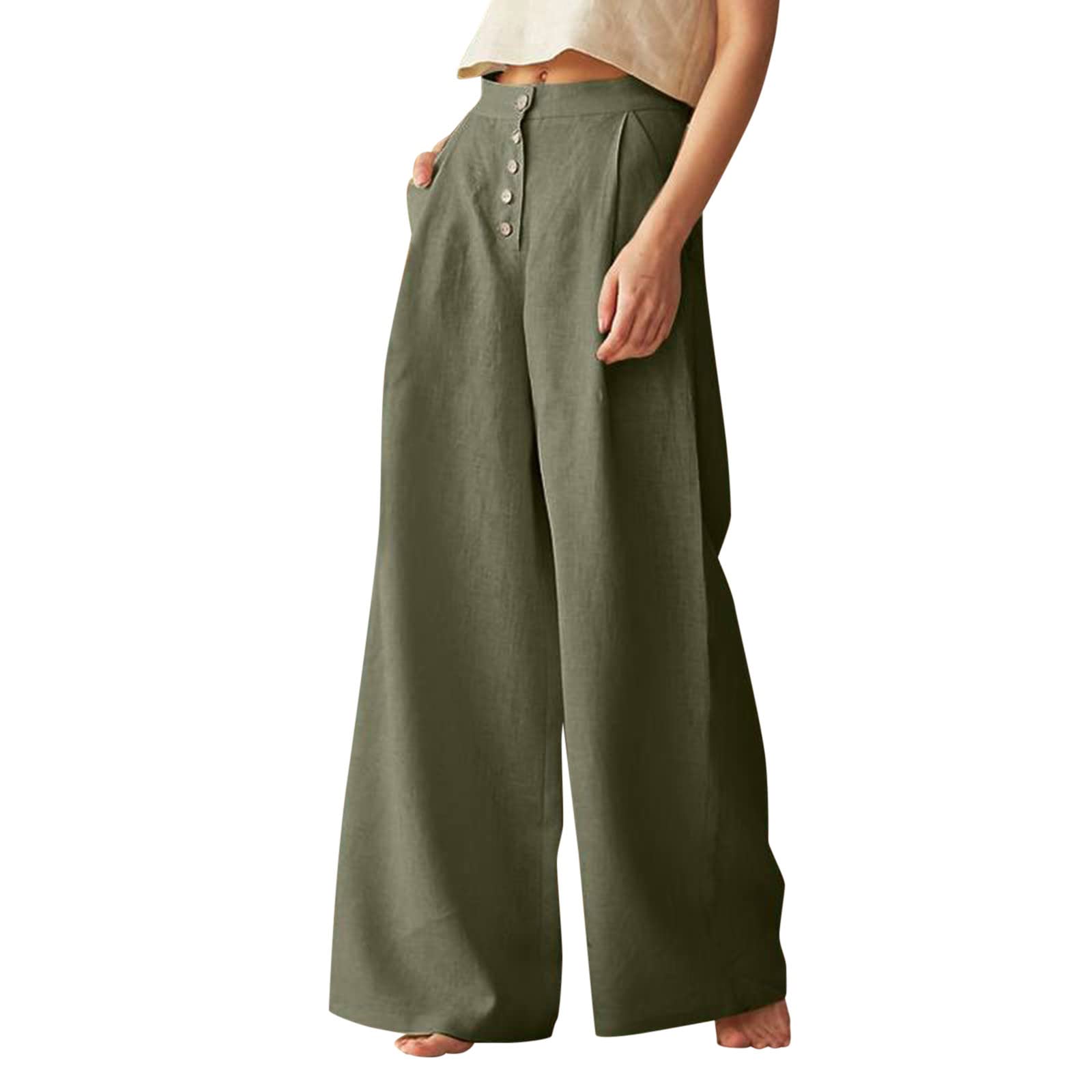 Women's High Waist Wide Leg Linen Cotton Casual Sweatpants with Pockets - Solid Color Plus Size Comfortable Lounge Pants for Yoga, Home & Travel