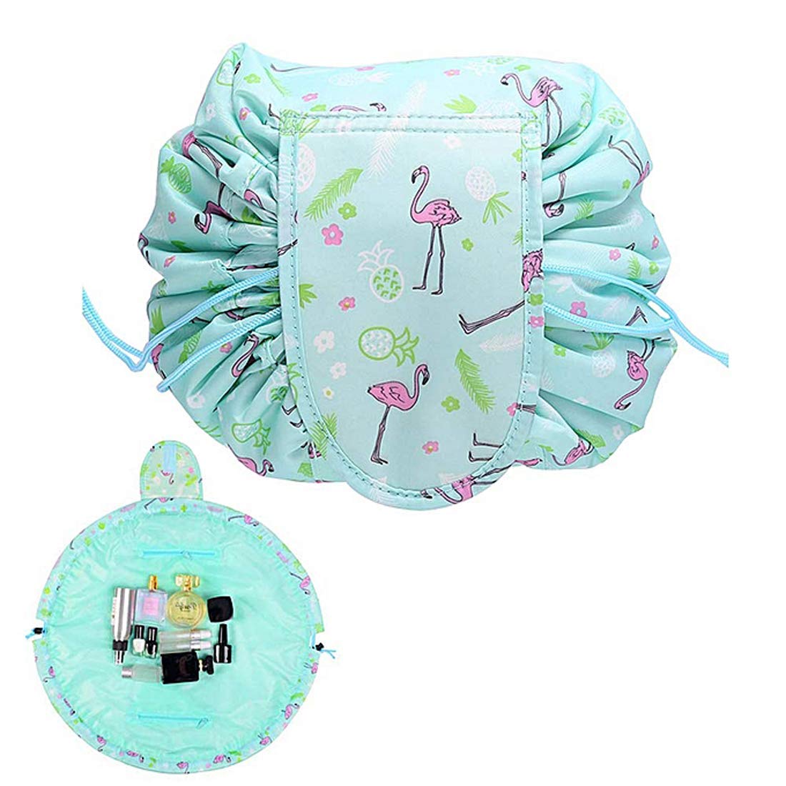 Favira Stylish Makeup Pouch for Women - Travel Cosmetic Bag & Toiletry Organizer (Green Flamingo Print) - Perfect for Vacation, Gym, and Daily Essentials Storage