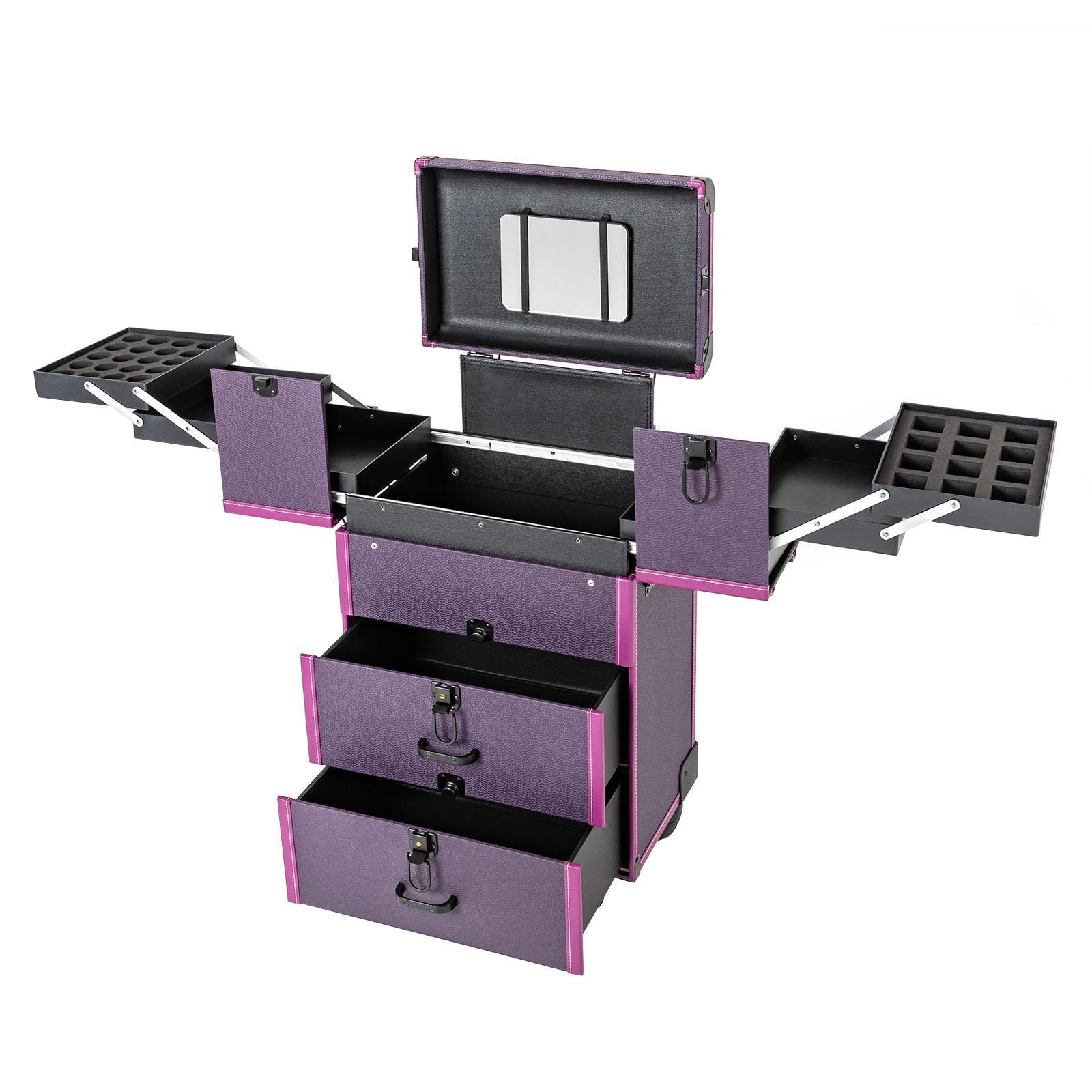 3-Tier Rolling Makeup Case - Professional Travel Cosmetic Train Case with Wheels & Lock | Portable Makeup Trolley Cart for Nail Technicians, Makeup Artists & Hairstylists | Perfect for Salon, Travel & Mobile Beauty Services
