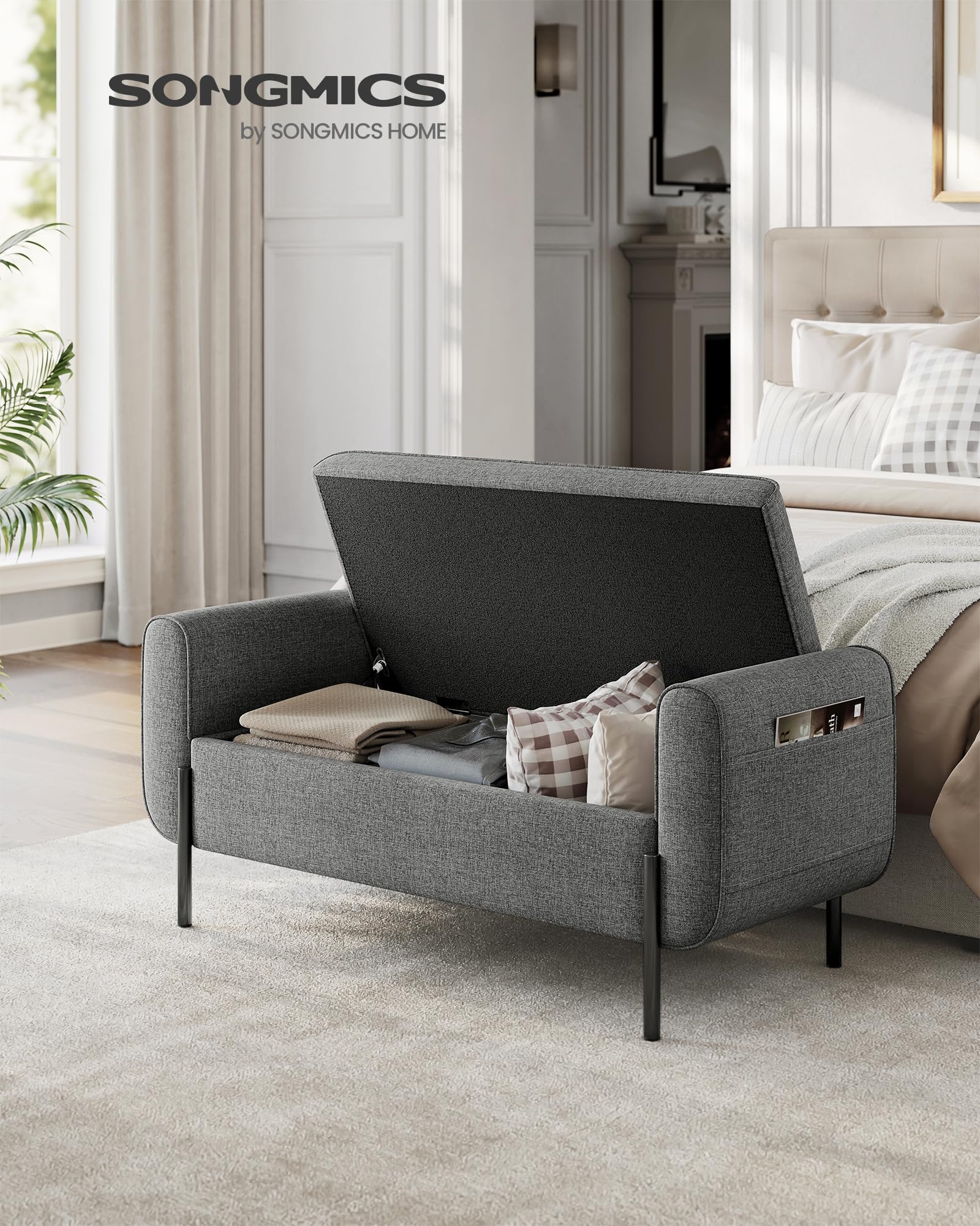 SONGMICS Storage Bench with Armrests, Dark Gray Ottoman with Hidden Storage Compartment, Sturdy Steel Legs - Perfect for Living Room, Bedroom, Entryway & Hallway Organization | Multi-Functional Seat & Storage Solution for Small Spaces