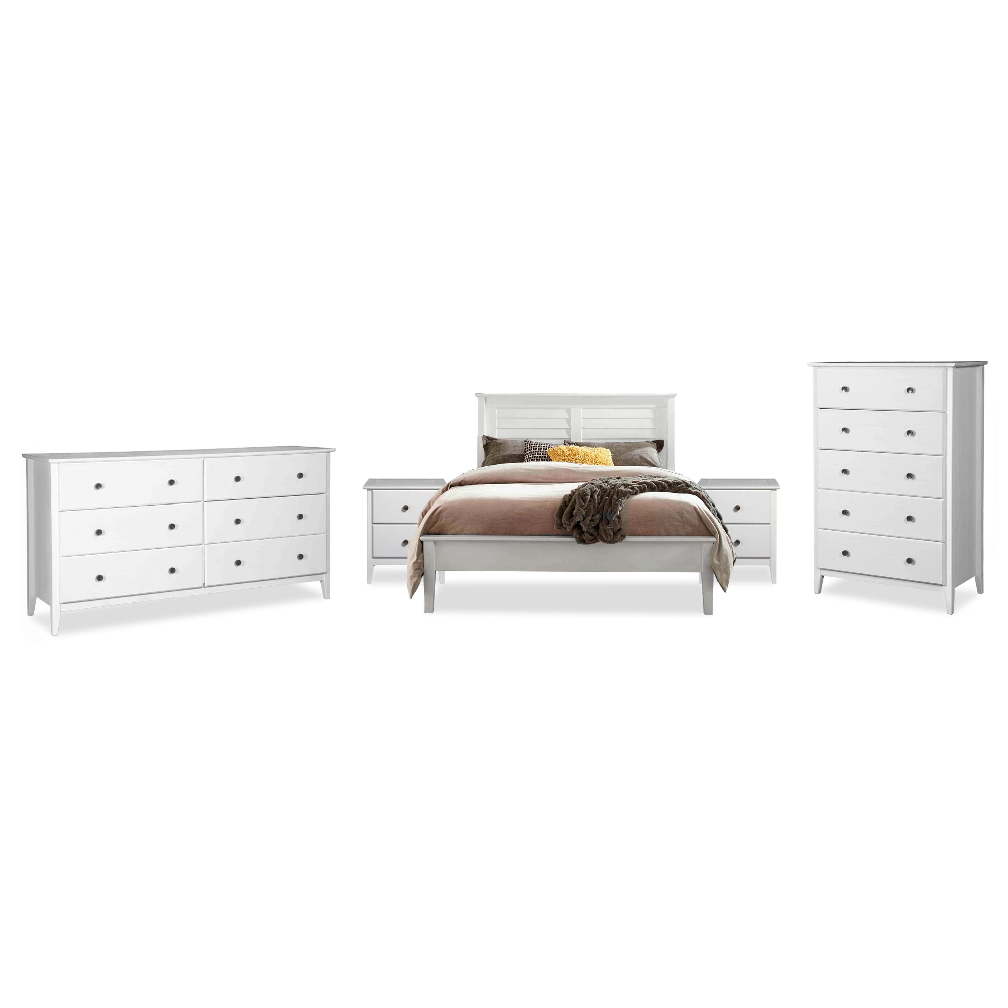 Greenport 5-Piece Bedroom Set - Queen Size Bed Frame, Nightstand, Dresser & Mirror - Modern Farmhouse Furniture for Master Bedroom or Guest Room