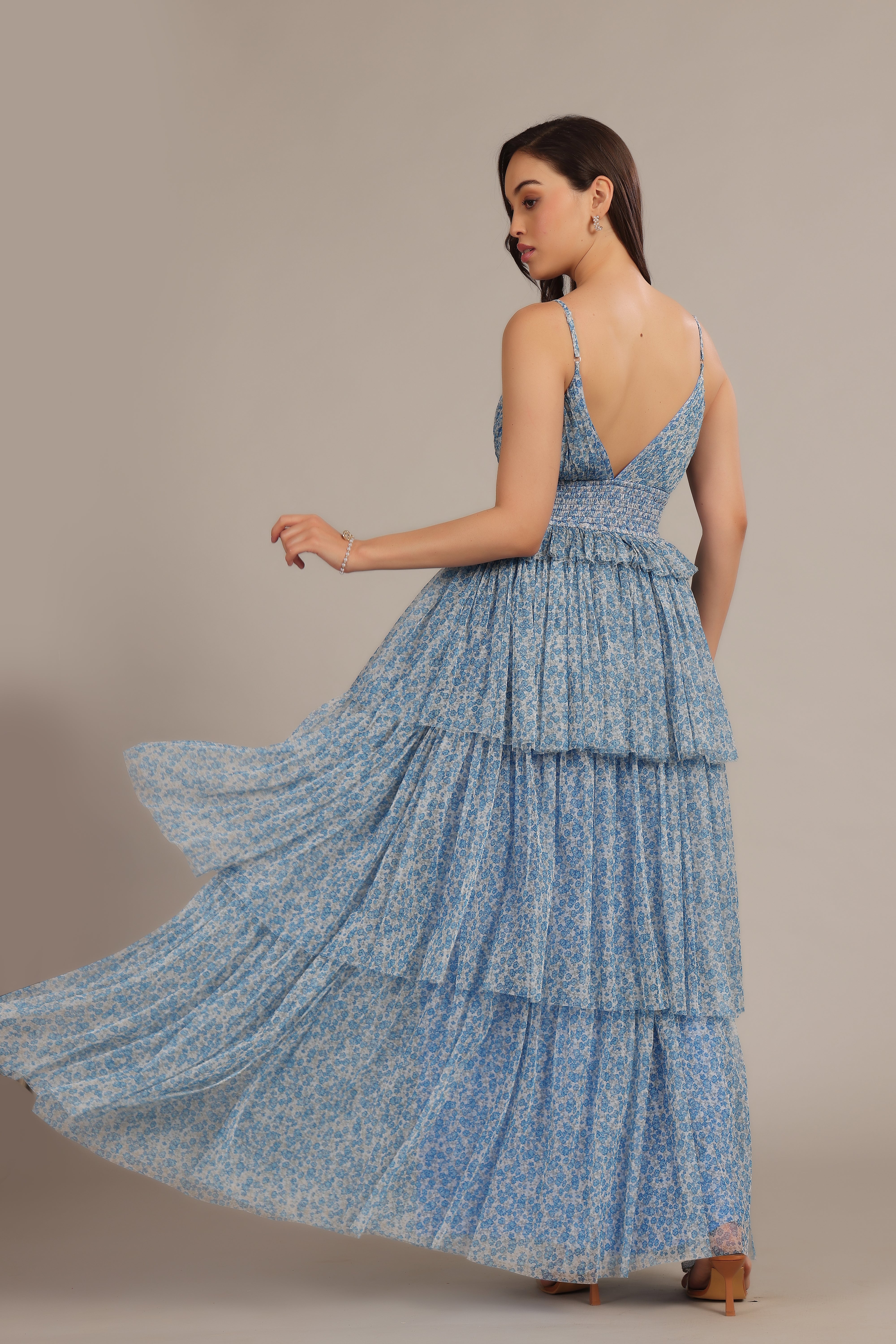 Rani Maxi Dress in Ditsy Blue Floral - Women's Boho Floral Print Long Dress for Summer, Beach, Vacation & Casual Wear