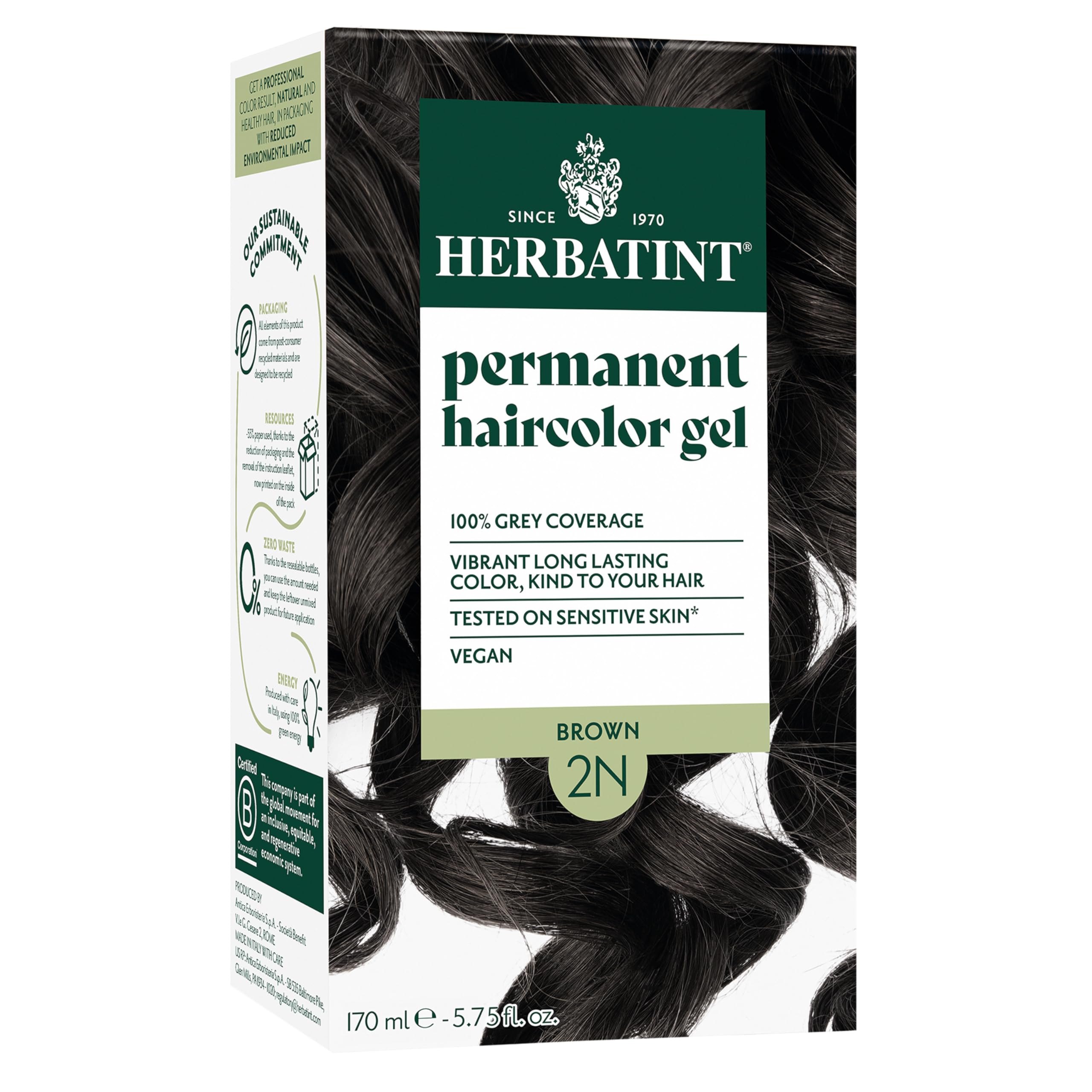 Herbatint Permanent Hair Color 2N Brown - Ammonia-Free & Vegan Hair Dye for Women with 100% Gray Coverage | Salon-Quality, Alcohol-Free Formula (5.75 fl oz) - Perfect for Home Use, Touch-Ups, and Full Hair Coloring