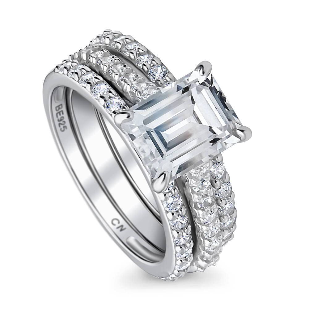 BERRICLE Sterling Silver Solitaire Wedding & Engagement Ring Set - 2.6 Carat Emerald Cut Cubic Zirconia CZ for Women, Rhodium Plated, Size 4-10 - Perfect for Proposals, Anniversaries & Special Occasions