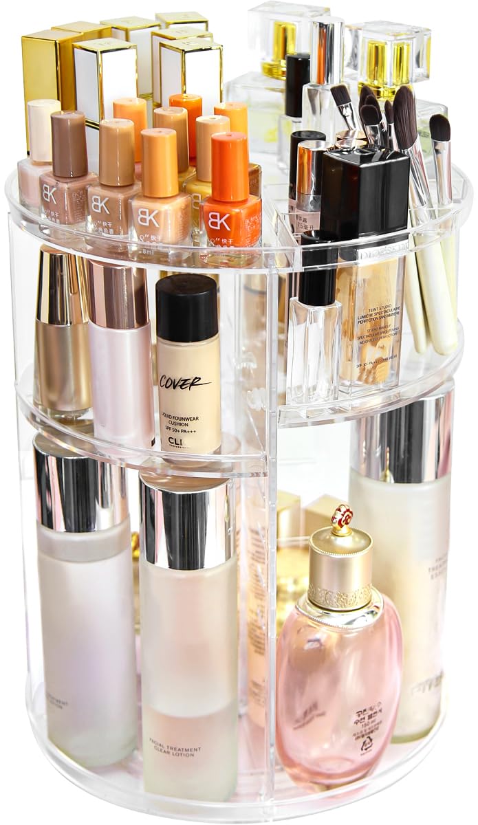360° Rotating Makeup Organizer with Brush Holder - Adjustable Detachable Shelves Cosmetic Display Case for Skincare, Perfume & Beauty Products - Perfect for Bedroom Dresser, Bathroom Countertop & Vanity Organization