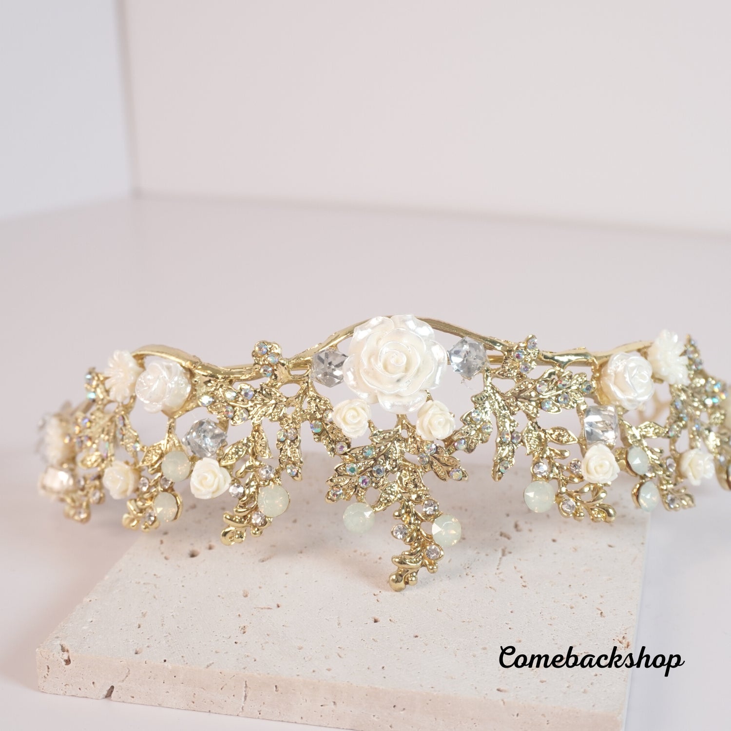 Handmade Baroque Gold Flower Leaf Tiara Crown with Swarovski Crystals - Elegant Wedding Hair Vine for Brides, Prom, and Special Occasions