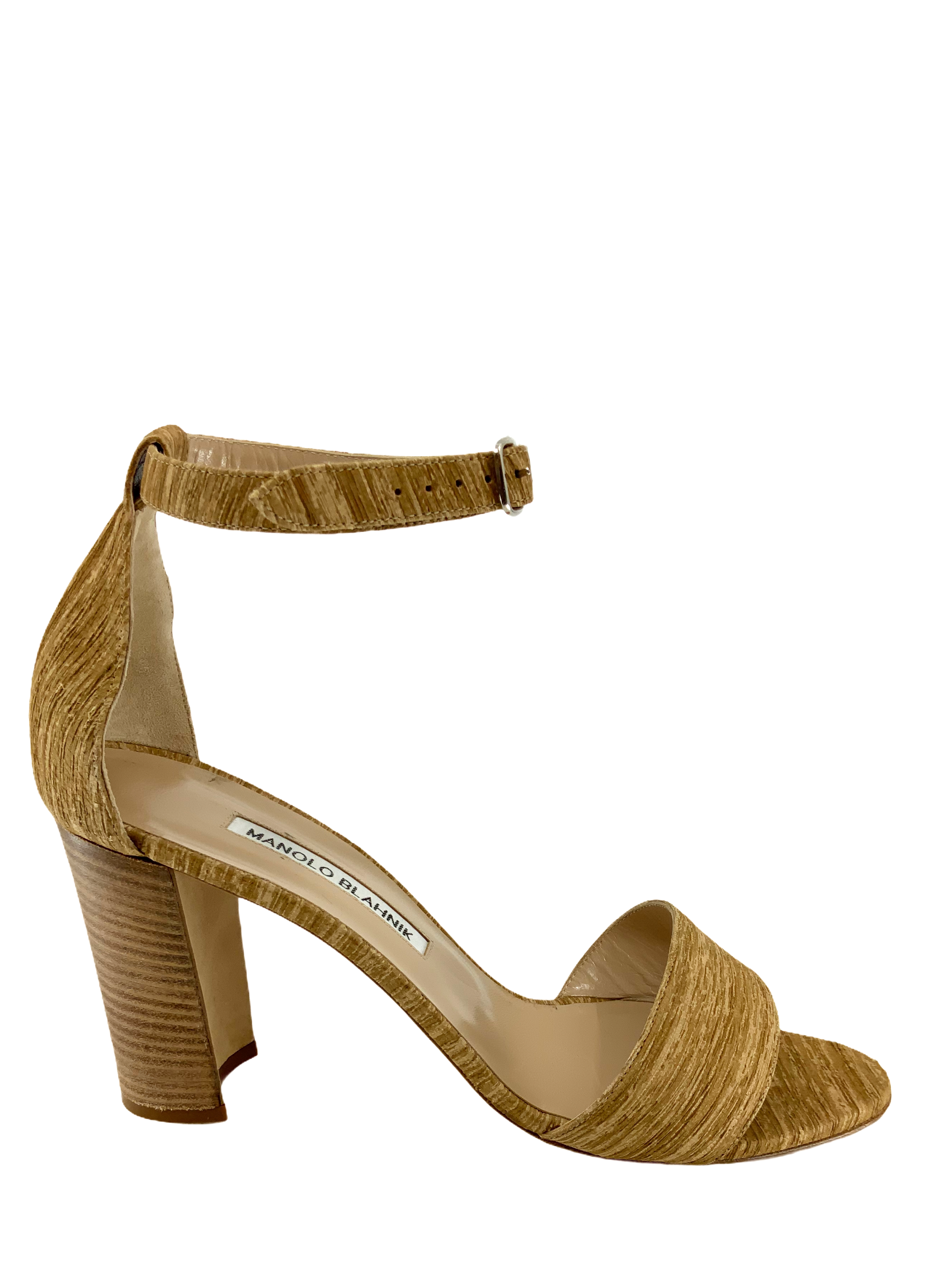 Manolo Blahnik Women's Size 9 Natural Raw Silk Ankle Strap Block Heel Sandals - Perfect for Weddings, Parties & Summer Outfits
