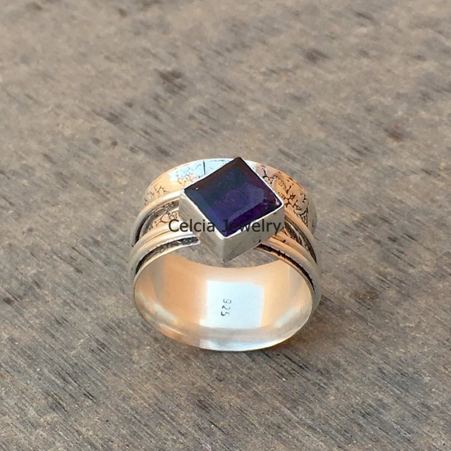 Natural Amethyst Unisex Ring - Faceted Square Spinner Ring for Stress Relief & Meditation, February Birthstone Jewelry, Anniversary & Mother's Day Gift (Size 7) - Perfect for Anxiety Relief, Mindfulness Practice & Stylish Everyday Wear