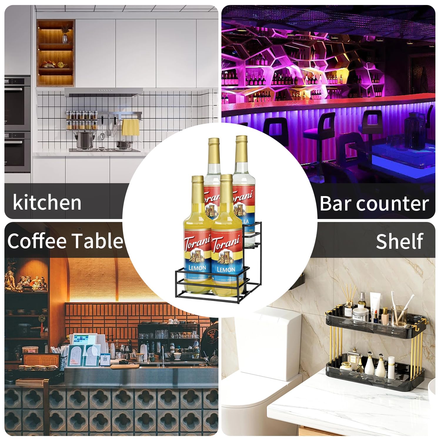 4-Tier Coffee Syrup Rack Organizer - Holds 4 Bottles for Coffee Bar, Kitchen & Home - Perfect for Storing Syrups, Wine, Salad Dressings & Condiments - Space-Saving Storage Solution for Bars, Cafes & Family Kitchens