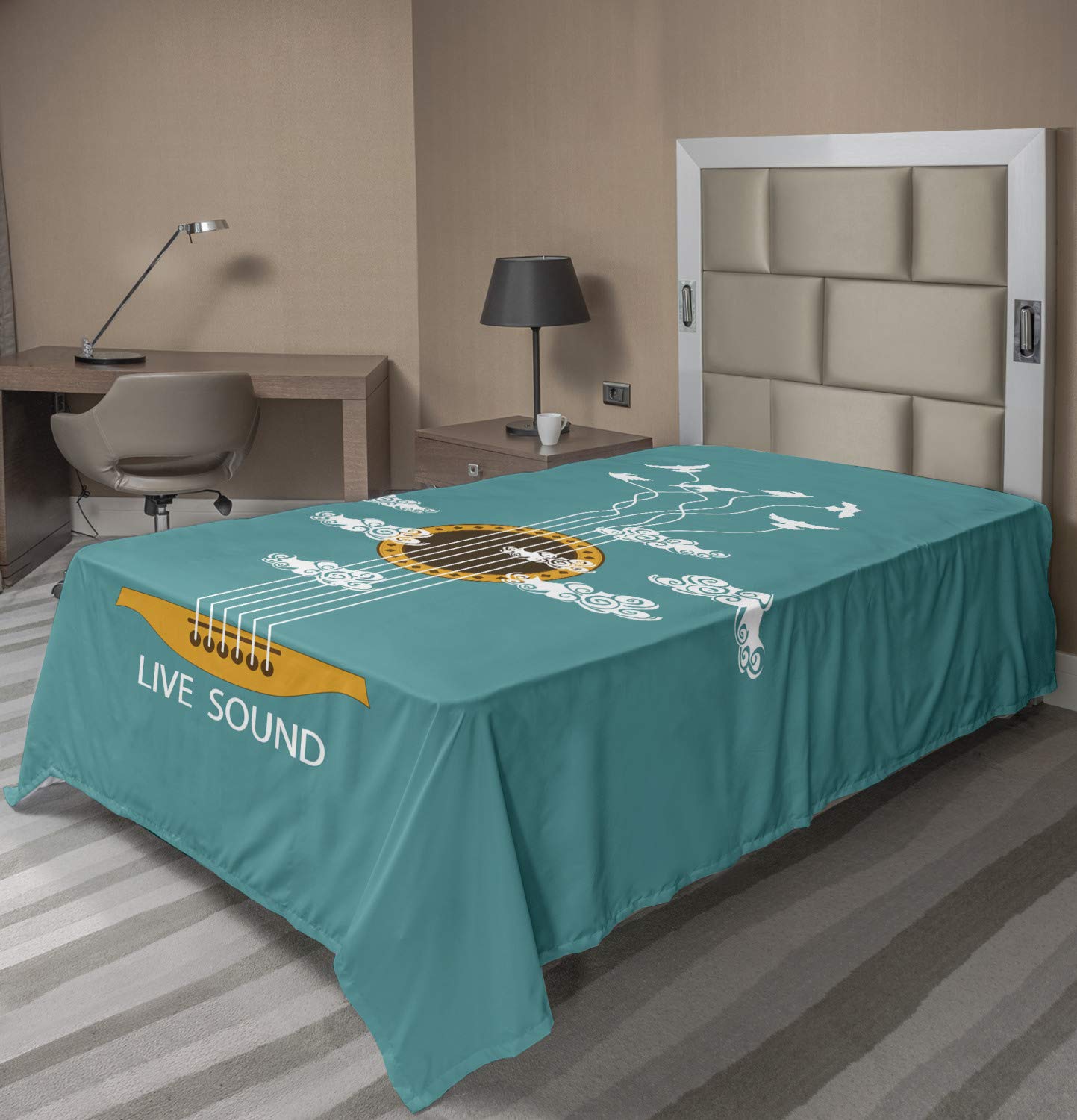 Ambesonne Guitar Themed Twin Flat Sheet - Abstract Music Design with Birds on Strings & Clouds - Soft Comfortable Bedding for Teens & Adults - Perfect for Music Lovers' Bedroom Decor (Turquoise Marigold White)