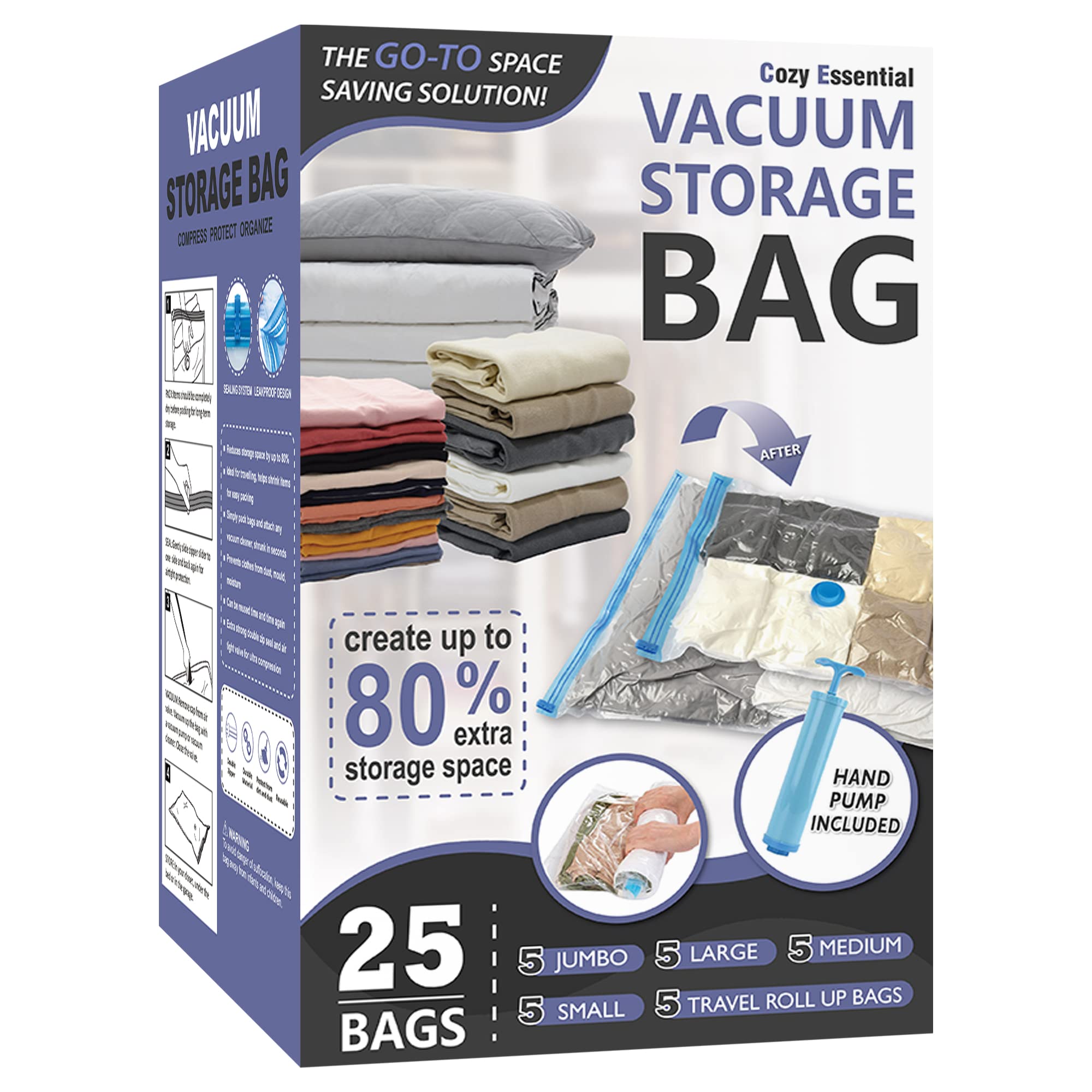 25 Pack Space Saver Vacuum Storage Bags (5 Jumbo/5 Large/5 Medium/5 Small/5 Roll) - Compression Bags for Clothes, Comforters, Blankets & Seasonal Storage | Includes Hand Pump | Perfect for Travel, Moving & Home Organization