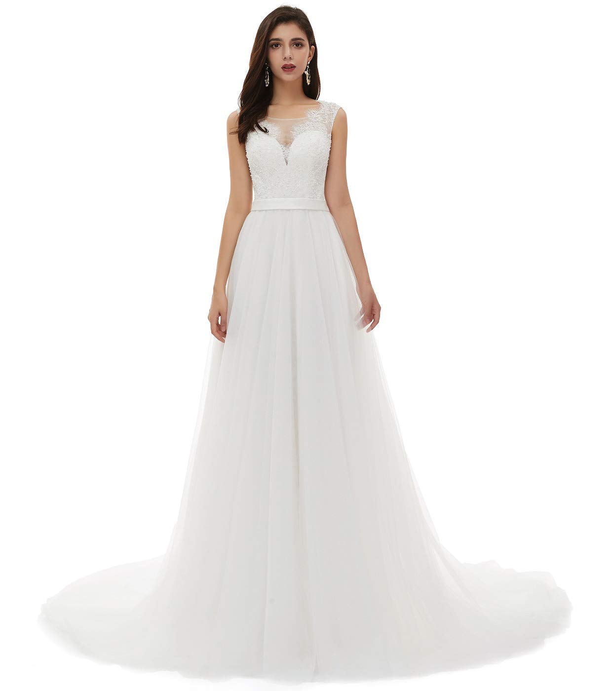 Elegant Women's V-Neck A-Line Lace Tulle Beach Wedding Dress for Bride - Perfect for Beach Ceremonies, Destination Weddings & Romantic Photoshoots