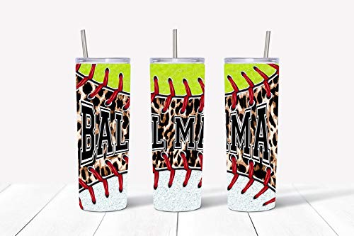 20oz Skinny Tumbler with Lid & Straw - Baseball Softball Mom Gift - Leopard Print Insulated Cup - Perfect for Games, Practice & Tailgating