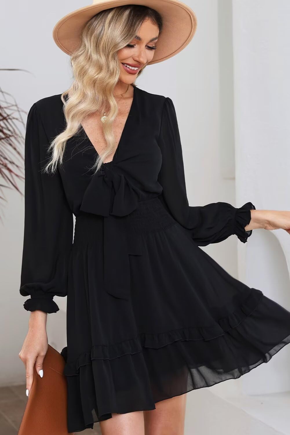 Dokotoo Women's Casual Deep V Neck Knotted Tiered Chiffon Mini Skater Dress for Spring Summer 2025 | Elegant Swing Short Dress for Party, Date Night & Vacation Outfits