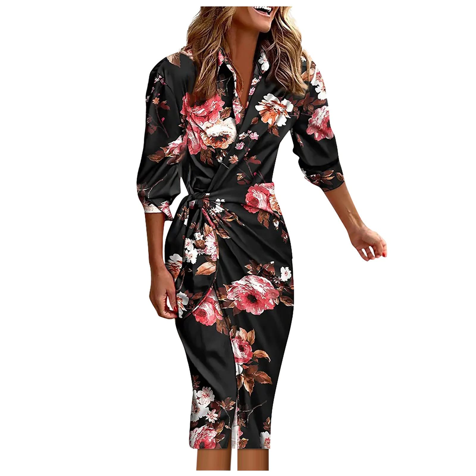Plus Size Women's Striped Shirt Collar Long Sleeve Tie Midi Dress - Casual Office Wear & Travel Outfits for Curvy Women