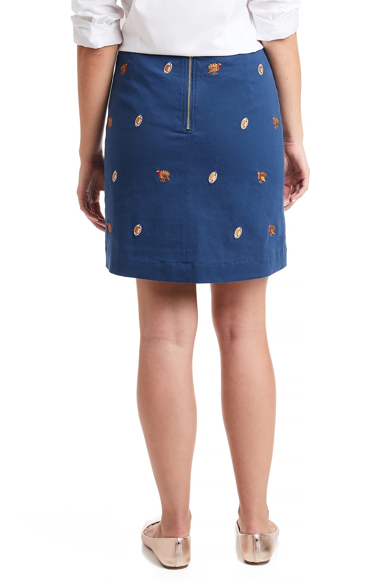 Stretch Twill Nantucket Navy Skirt with Turkey & Football Print - Women's Casual A-Line Midi Skirt for Thanksgiving, Football Games and Fall Outfits