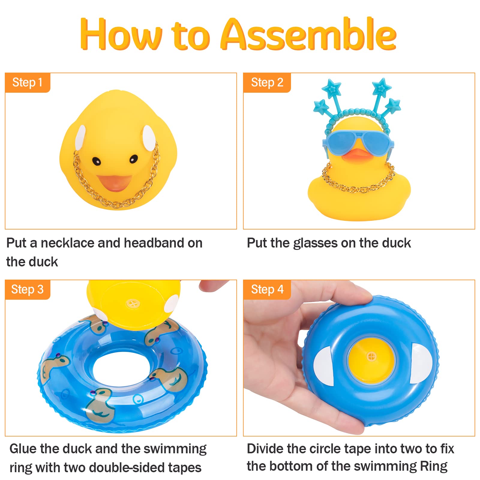 Wonuu Cute Rubber Duck Car Ornament with Headband, Swim Ring, Necklace & Sunglasses - Blue Star Headband Dashboard Decor for Cars - Perfect for Gifts, Parties & Car Accessories