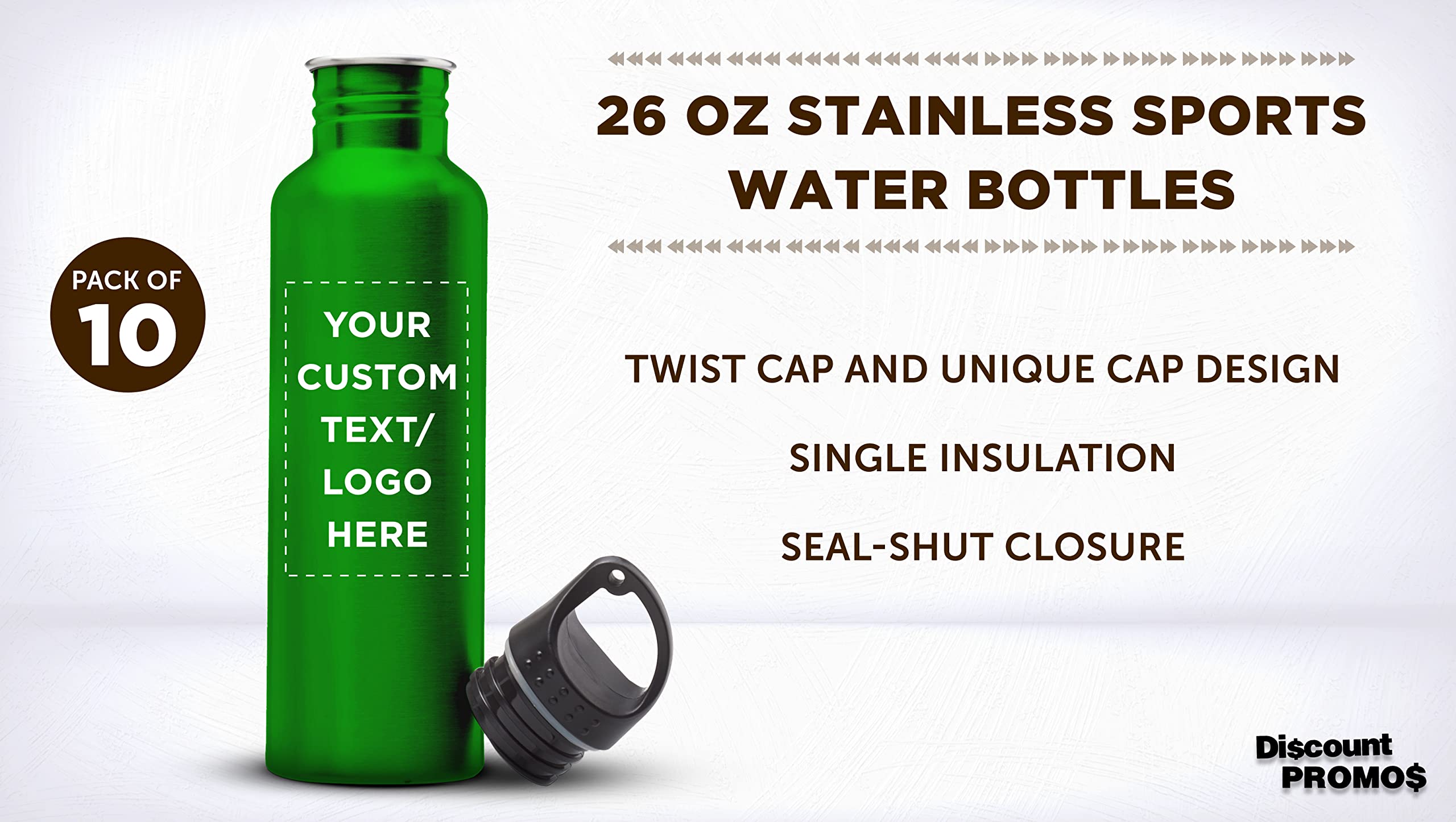 Custom Stainless Steel Water Bottles 26oz (Set of 10) - Personalized Bulk Pack, Reusable & Leak Proof - Ideal for Gym, Hiking, Camping, Outdoor Sports - Eco-Friendly Green Bottles for Workouts, Travel & Everyday Hydration