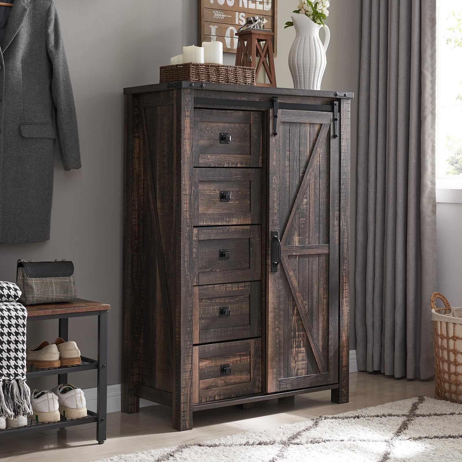 Modern 5-Drawer Dresser with Sliding Barn Door - Farmhouse Tall Chest of Drawers for Bedroom Storage - Rustic Oak Organizer for Hallway, Living Room & Kids Room - Perfect for Small Space Organization & Farmhouse Decor