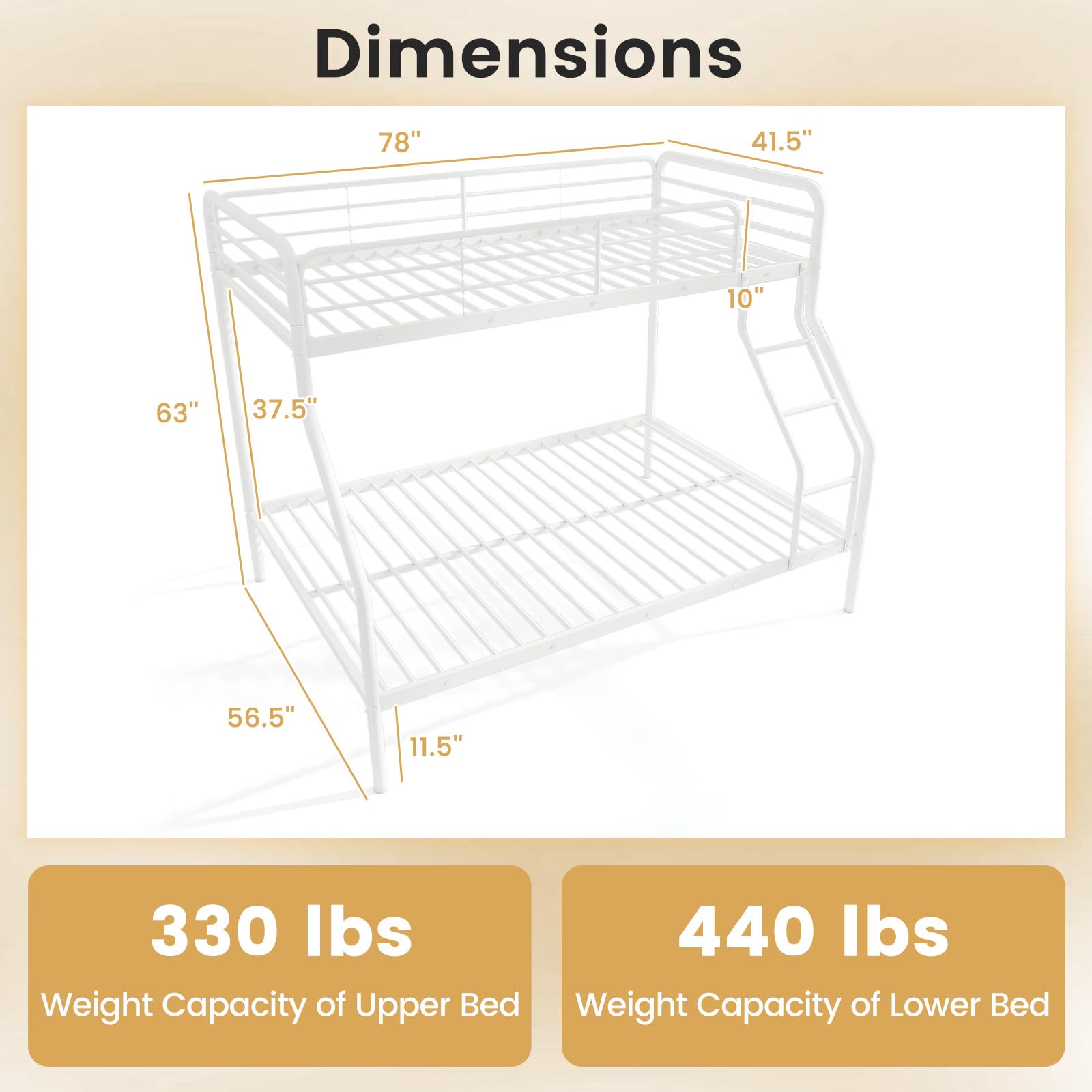 Giantex Heavy Duty Metal Bunk Bed Twin Over Full Size - Sturdy Bunk Bed for Teens & Adults with Ladder & Safety Guardrails - Space Saving Bunk Bed for Dorm, Bedroom, Apartment - No Box Spring Needed (White) - Perfect for Small Spaces & Shared Rooms