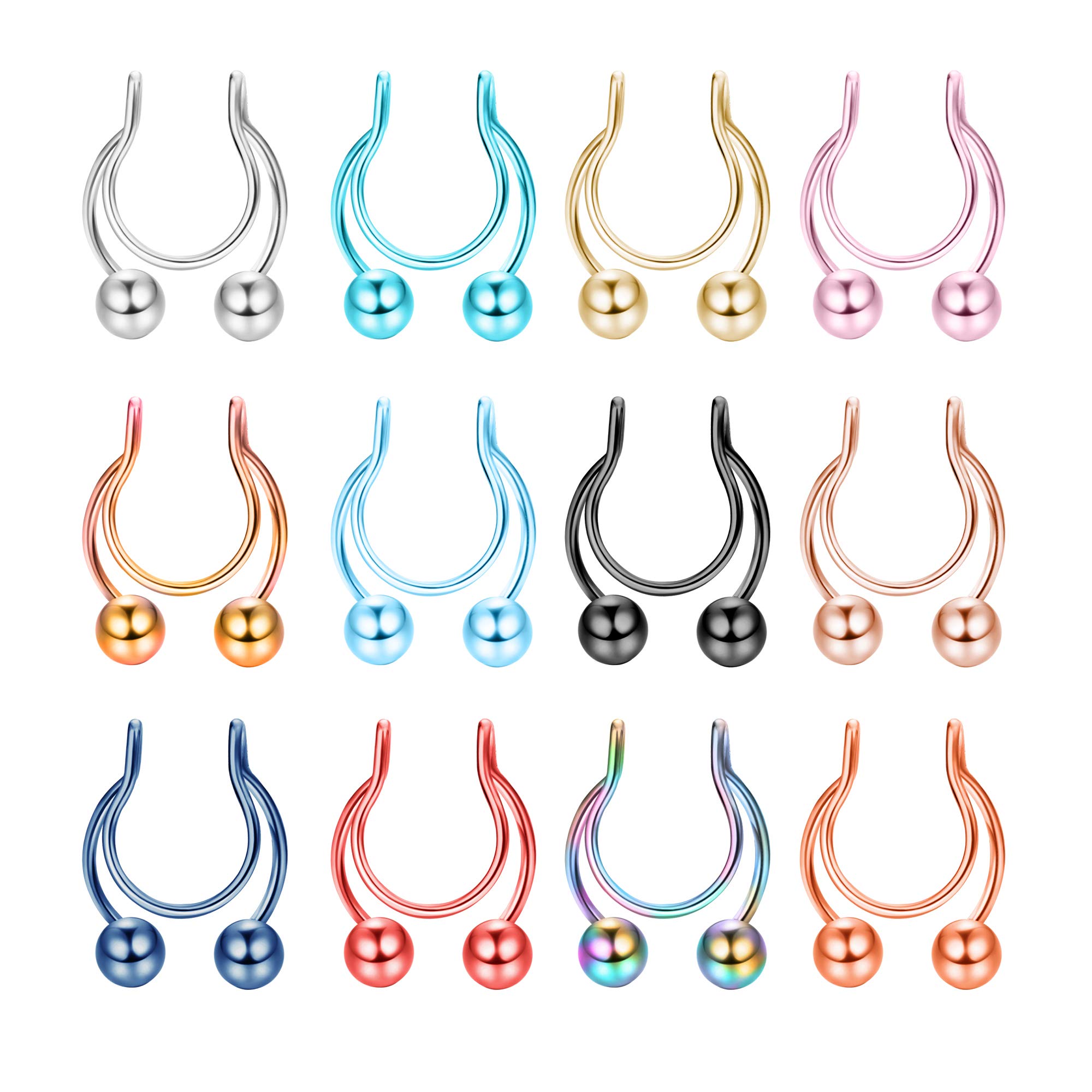 BodyBonita 12Pcs Stainless Steel Fake Septum Rings - Double Hoop Clip On Horseshoe Bull CZ Nose Rings for Men & Women | Non Piercing Nose Jewelry for Parties, Cosplay & Everyday Fashion