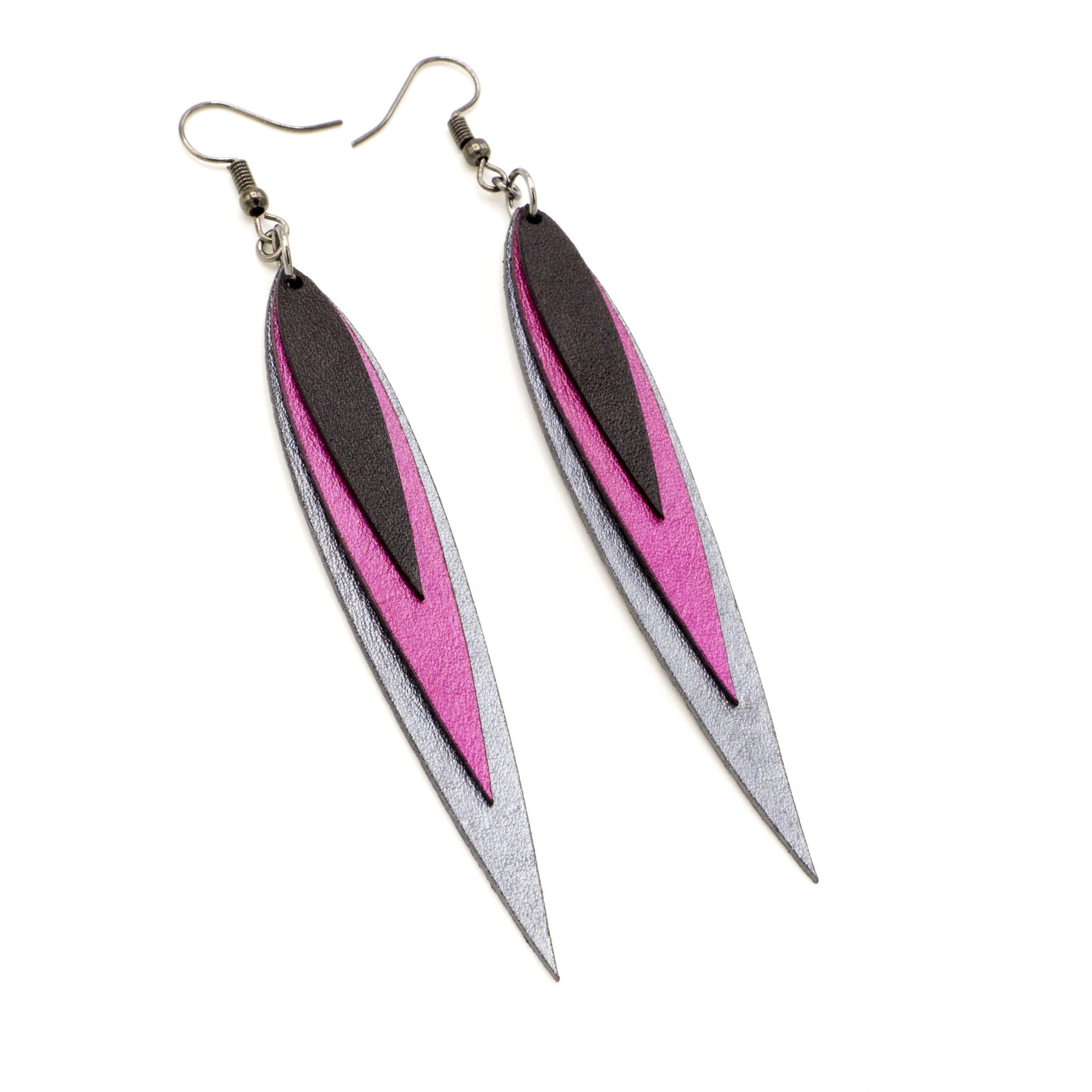 Achara Handmade Leather Earrings for Women - Silver Studs with Fuchsia Pearl & Black Leather | Boho Chic Jewelry for Parties, Weddings & Everyday Wear