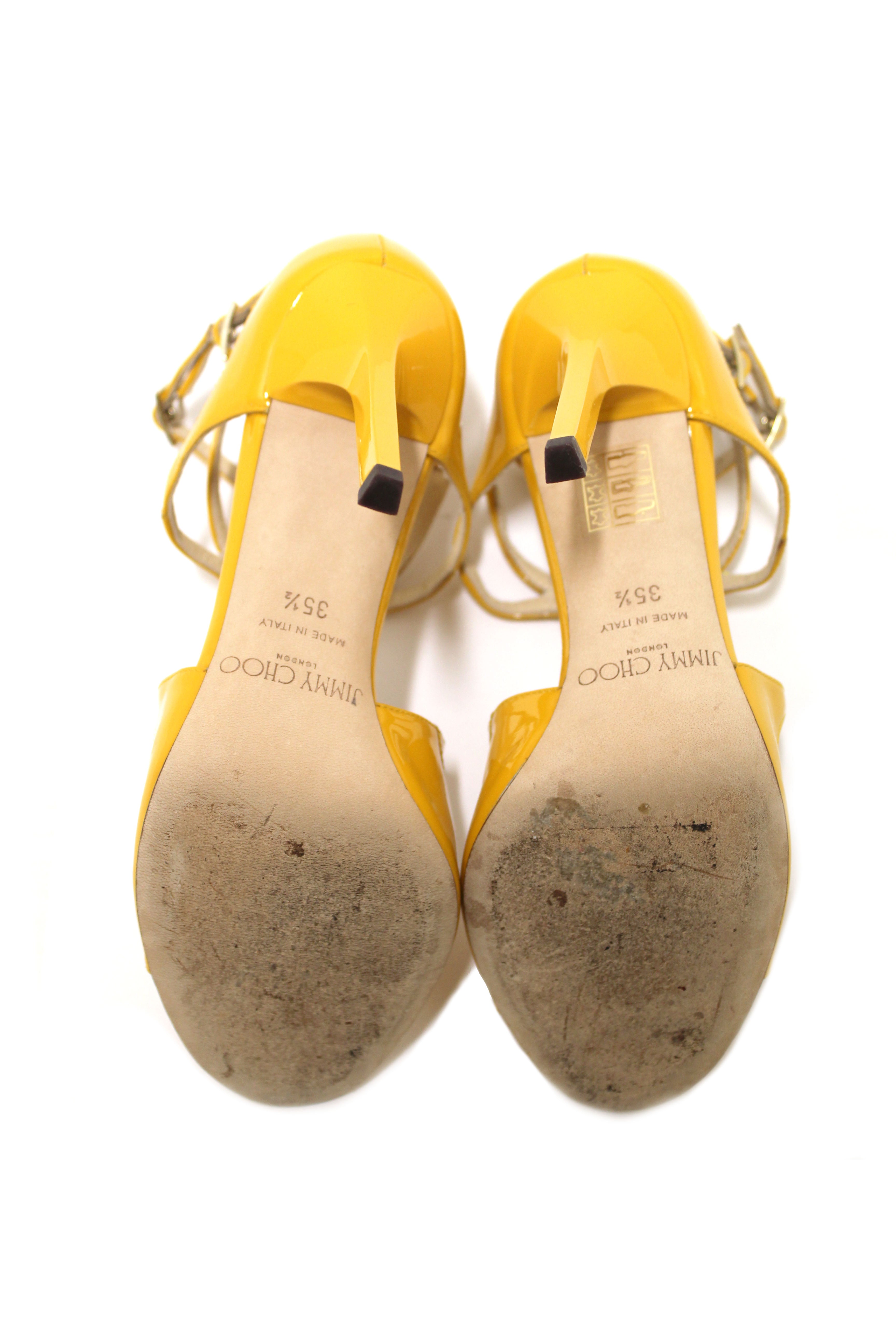 Authentic Jimmy Choo Yellow Patent Leather Strap Heel Sandals Size 35.5 - Women's Luxury High Heels for Weddings, Parties & Special Occasions