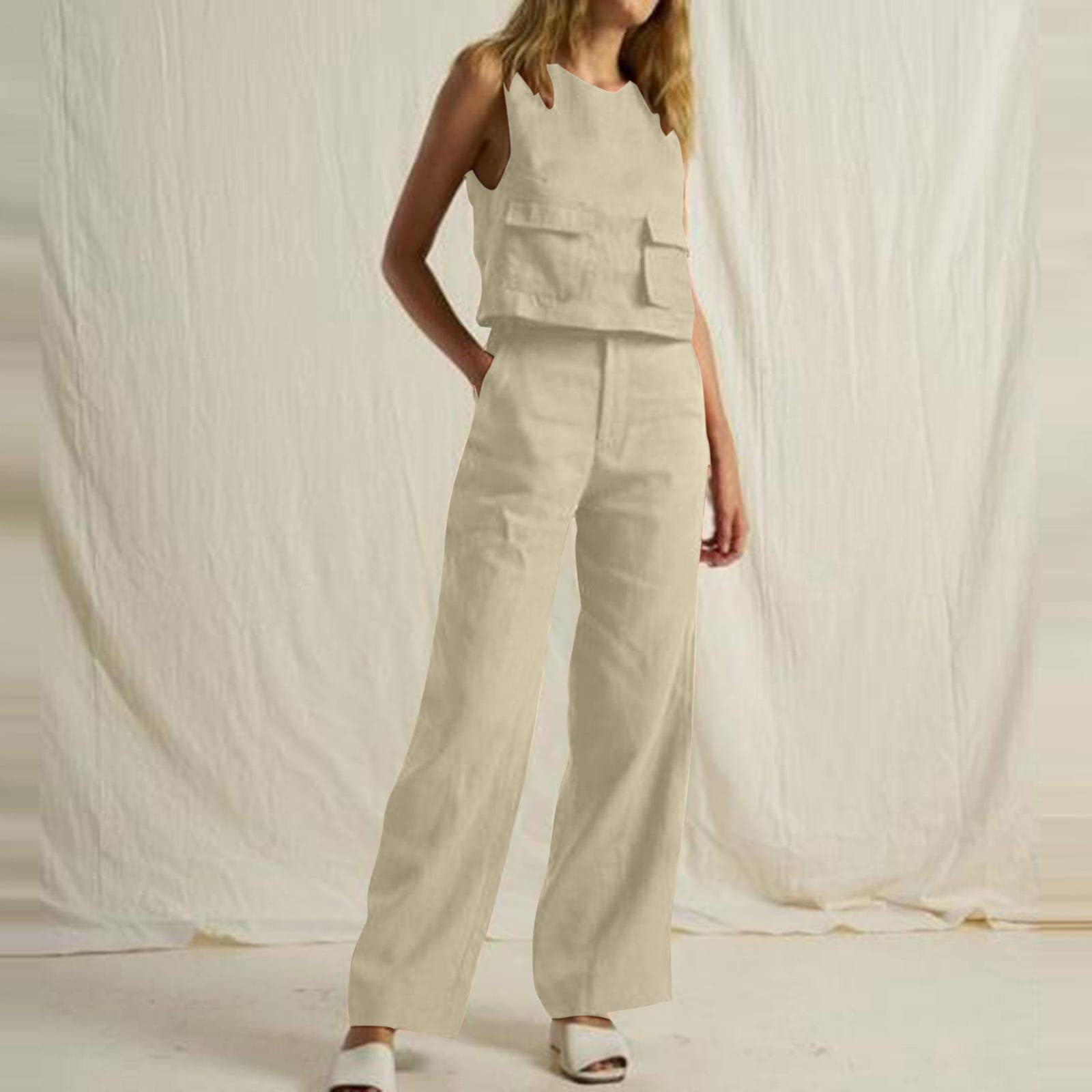 Women's 2 Piece Lounge Set - Sleeveless Cotton Linen Tank Top & Wide Leg Pants Matching Outfit | Soft Summer Casual Wear for Home, Yoga & Beach Vacation