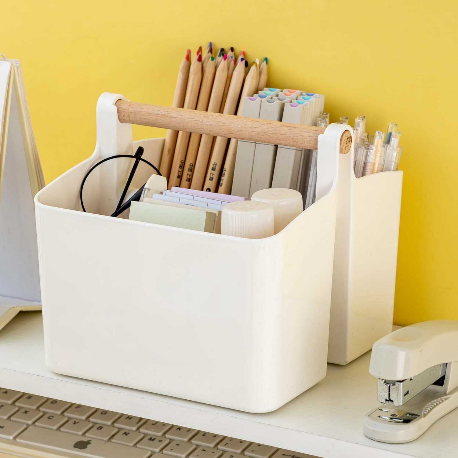 Art Supply Organizers Caddy with Handle - Portable Desk & Dorm Storage Basket for School, Office, Bathroom, Makeup & Cleaning Supplies (White & Yellow, Small) - Perfect for Students, Artists & Home Organization