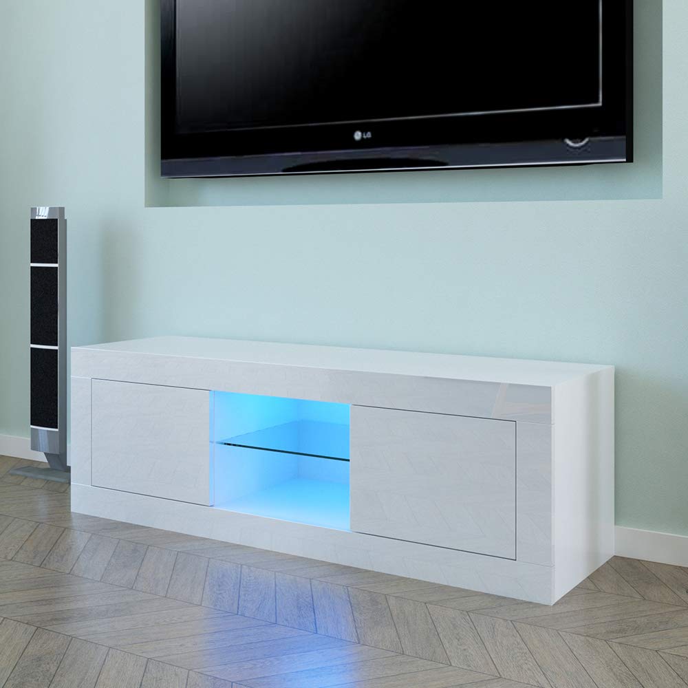 Modern White TV Stand with LED Lights - Entertainment Center Console Table for 49 Inch Flat Screen TV - Perfect for Living Room, Bedroom & Home Theater Setup