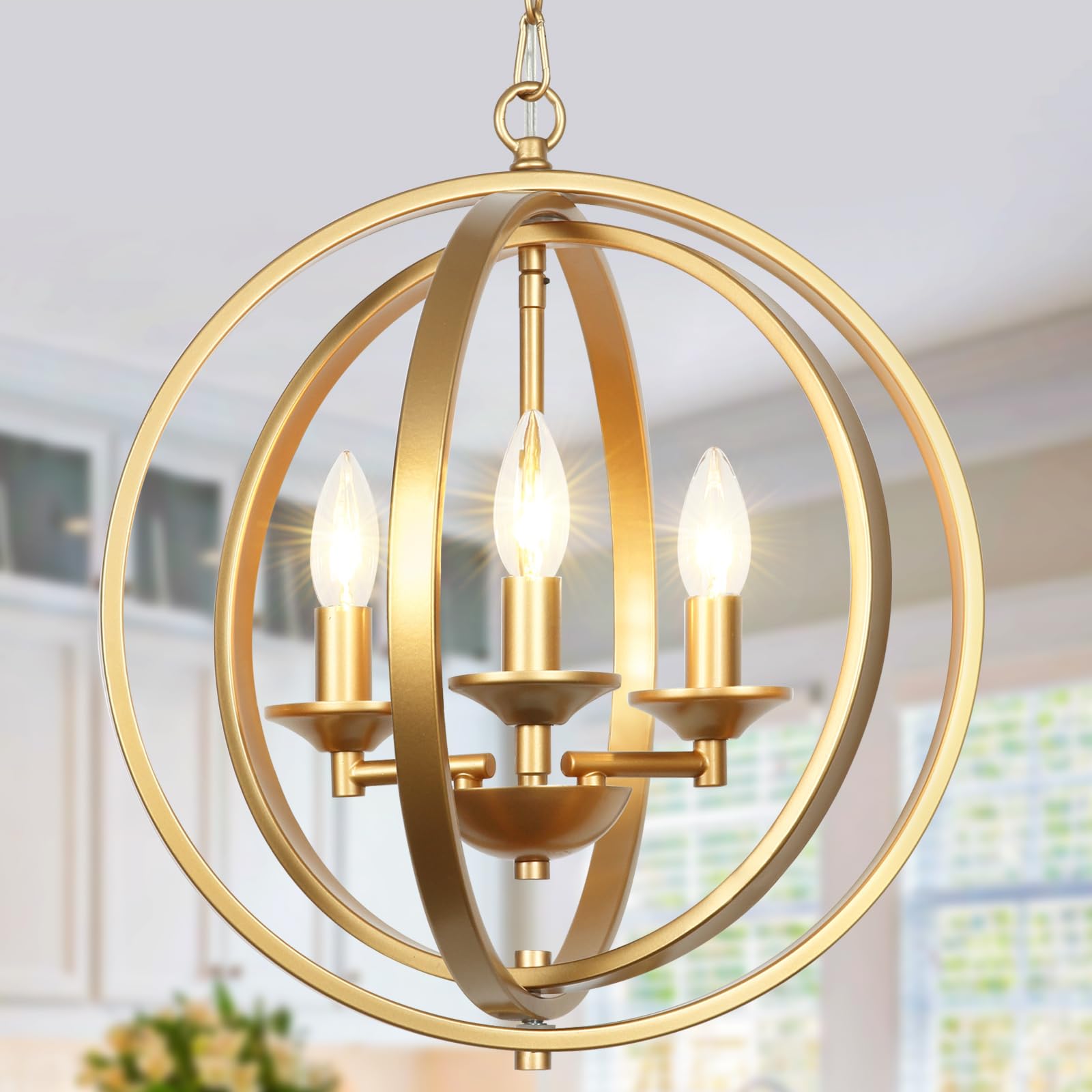3-Light Gold Orb Chandelier - Modern Globe Pendant Light Fixture for Dining Room, Living Room, Bedroom | Elegant Lighting for Hallway, Stairwell & Foyer | Perfect for Home Decor, Wedding Venues & Luxury Interiors