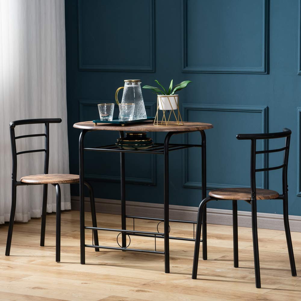 3-Piece Compact Kitchen Table Set with Wine Rack - Dark Brown Dining Table & 2 Metal Frame Chairs - Easy to Clean, Portable & Space-Saving - Perfect for Small Apartments, Breakfast Nooks & Outdoor Dining