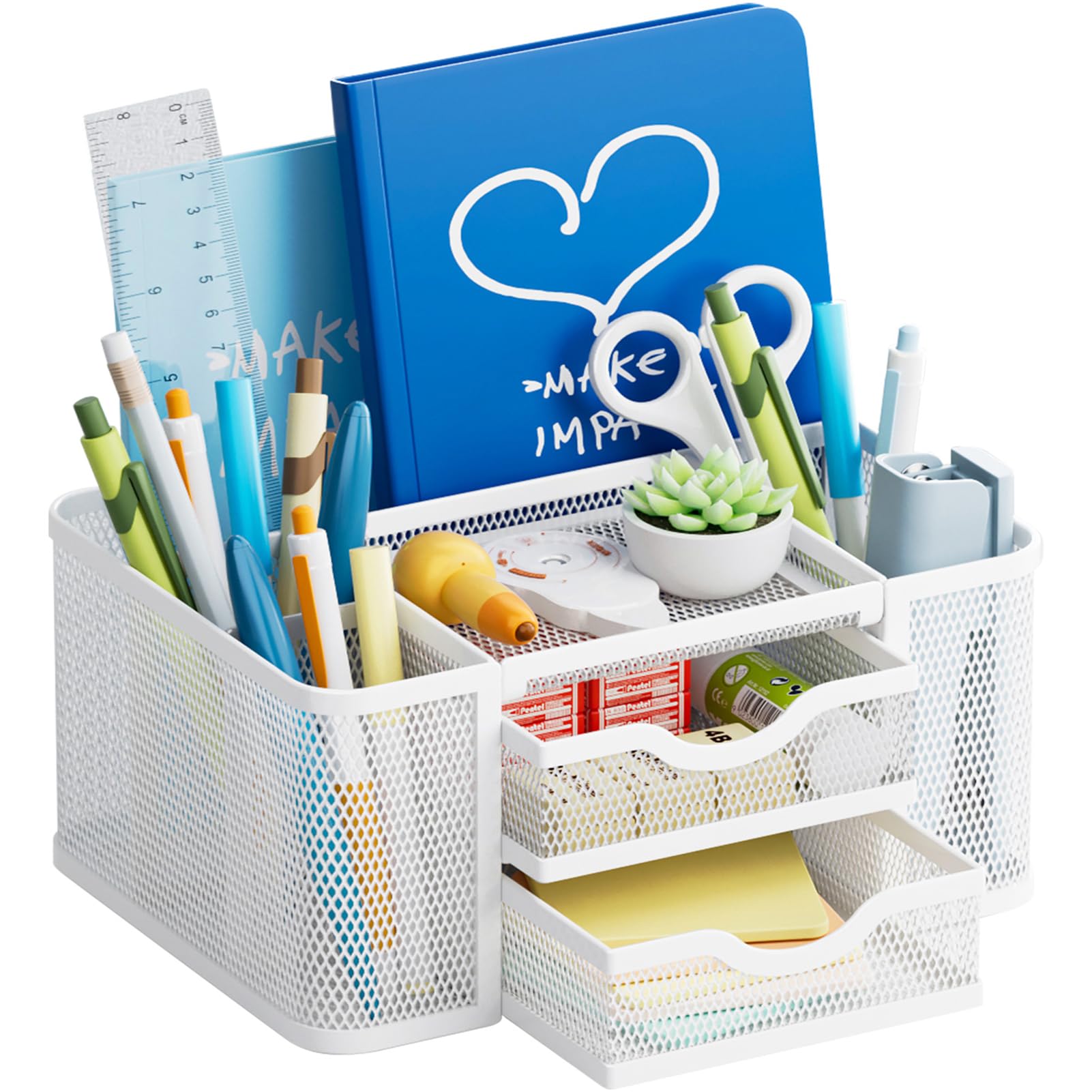 Marbrasse Mesh Desk Organizer with 2 Drawers - Multi-Functional Pen & Pencil Holder for Office, School, or Home - 5 Compartments + Storage Drawer for Art Supplies, Stationery & Desk Accessories (White) - Perfect for Organizing Workspace, Study Table or Craft Room