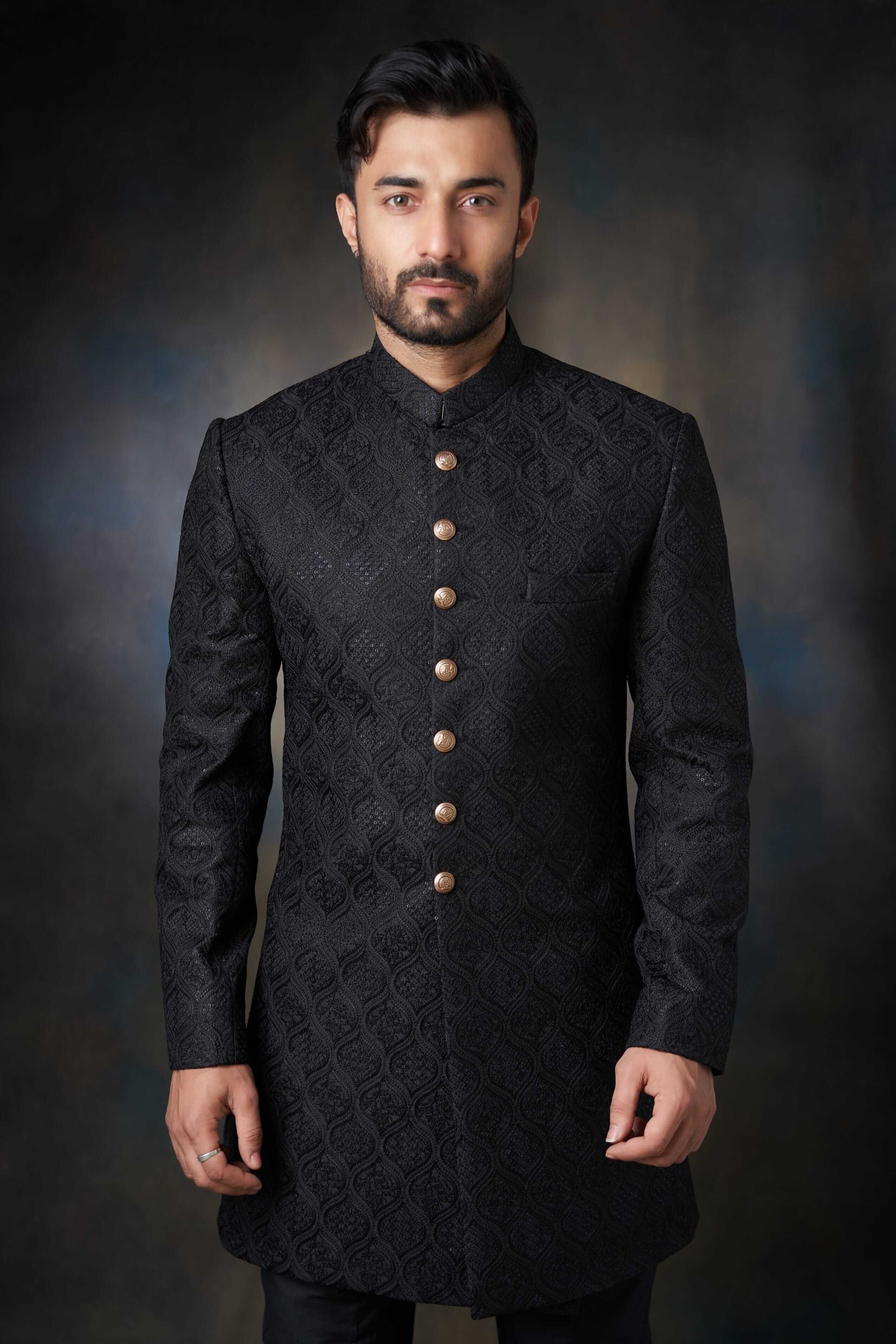 Jet Black Persian Gardens Short Sherwani for Men - Elegant Traditional Indian Wedding Attire for Groom & Groomsmen - Perfect for Weddings, Festivals & Special Occasions