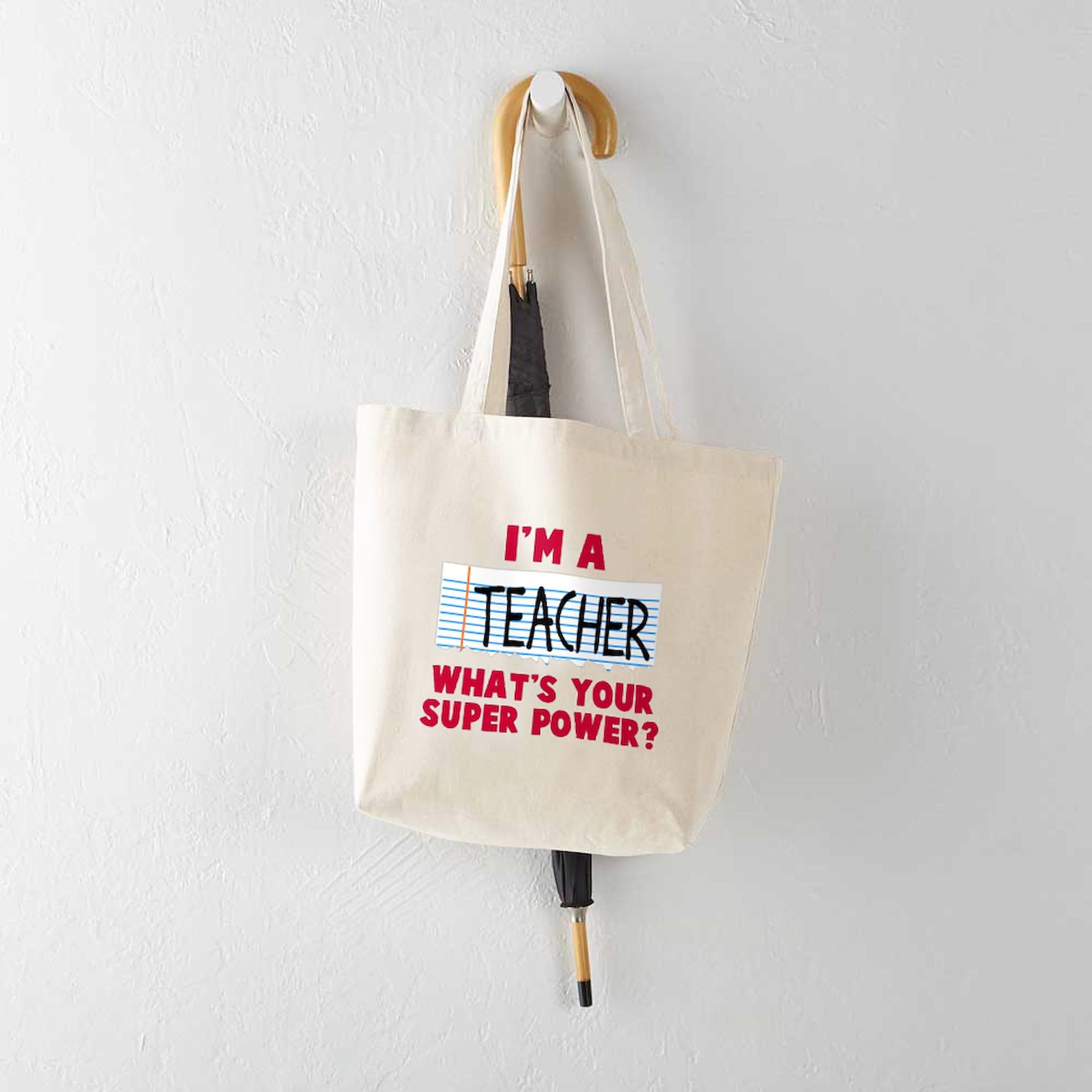 Teacher Super Power Tote Bag - Natural Canvas Reusable Shopping Bag for School, Work & Groceries | Durable Eco-Friendly Teacher Gift