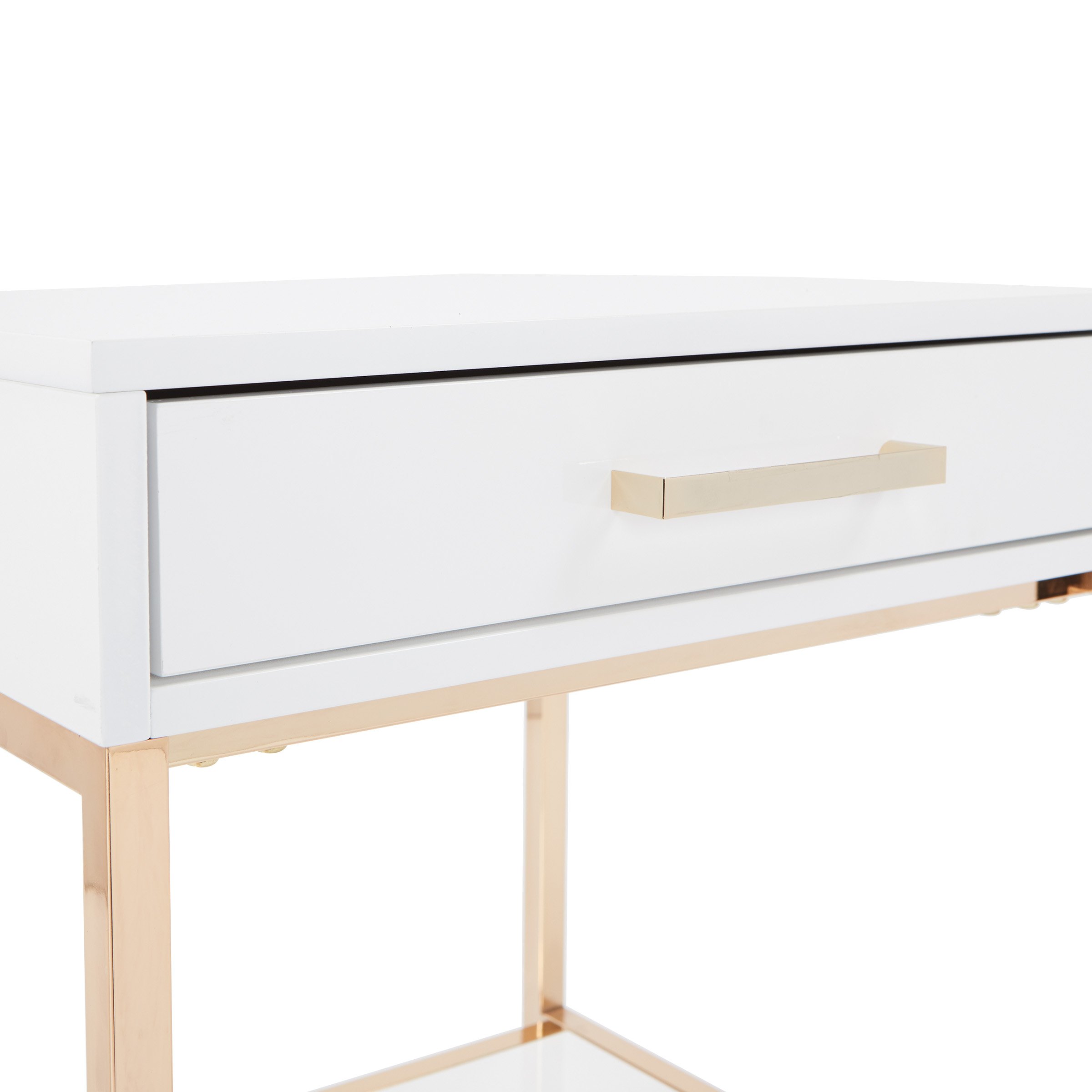 Modern White Gloss End Table with Gold Frame - Contemporary Nightstand for Living Room, Bedroom & Office - OSP Home Furnishings Alios Collection