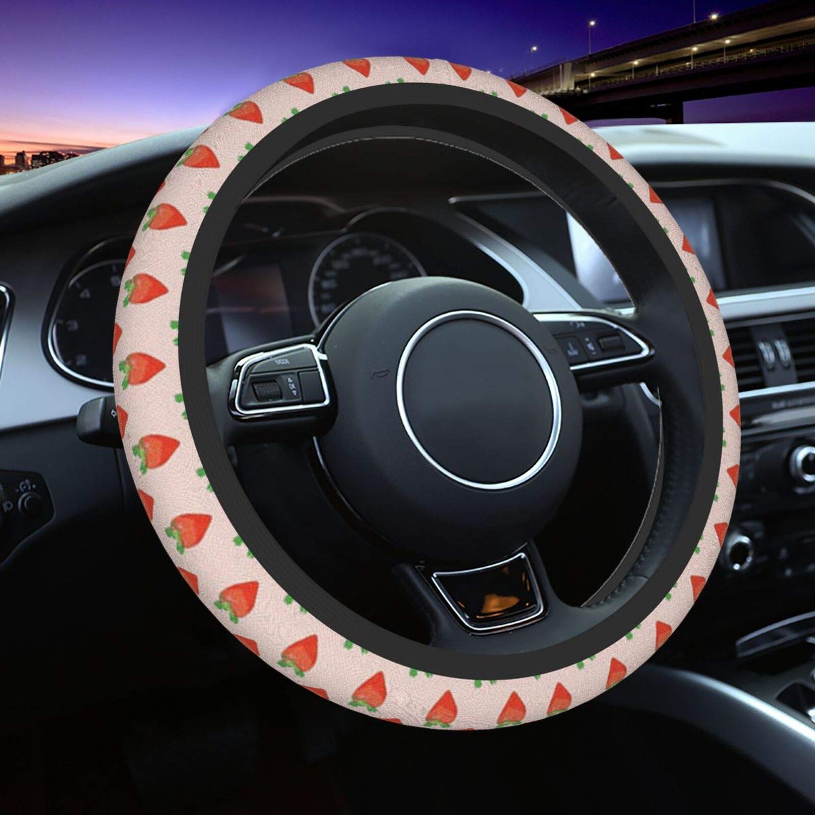 Strawberry Print Steering Wheel Cover - Universal 15 Inch Non-Slip & Sweat-Absorbing Car Accessory for Women & Men - Fits SUVs, Vans, Sedans, Trucks - Perfect for Summer Driving & Gift Giving