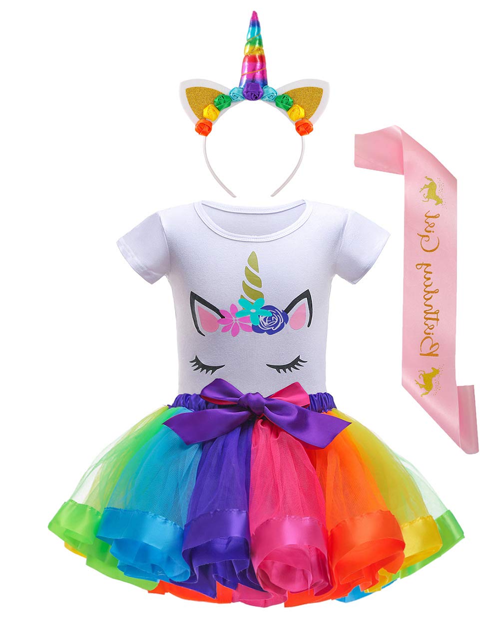 Nuolich Unicorn Birthday Party Outfit for Little Girls - Tutu Dress, Headband, Shirt & Satin Sash Set | Perfect for Birthday Parties, Dress-Up & Photo Shoots