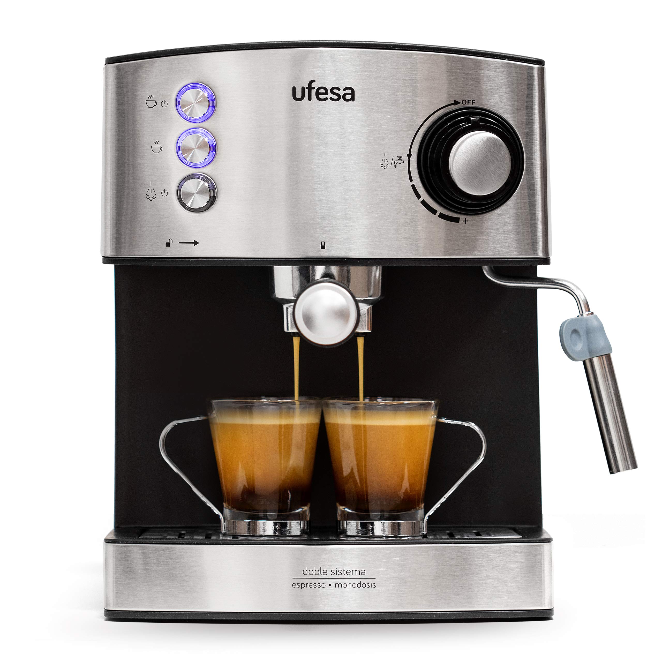 Ufesa CE7240 Espresso and Cappuccino Coffee Machine with Adjustable Steam Wand, 20 Bar Pressure, 2 Modes: Ground Coffee or Pods, 1.6L Water Tank, Cup Warmer Function, 850W, Stainless Steel - Perfect for Home, Office, and Coffee Shops