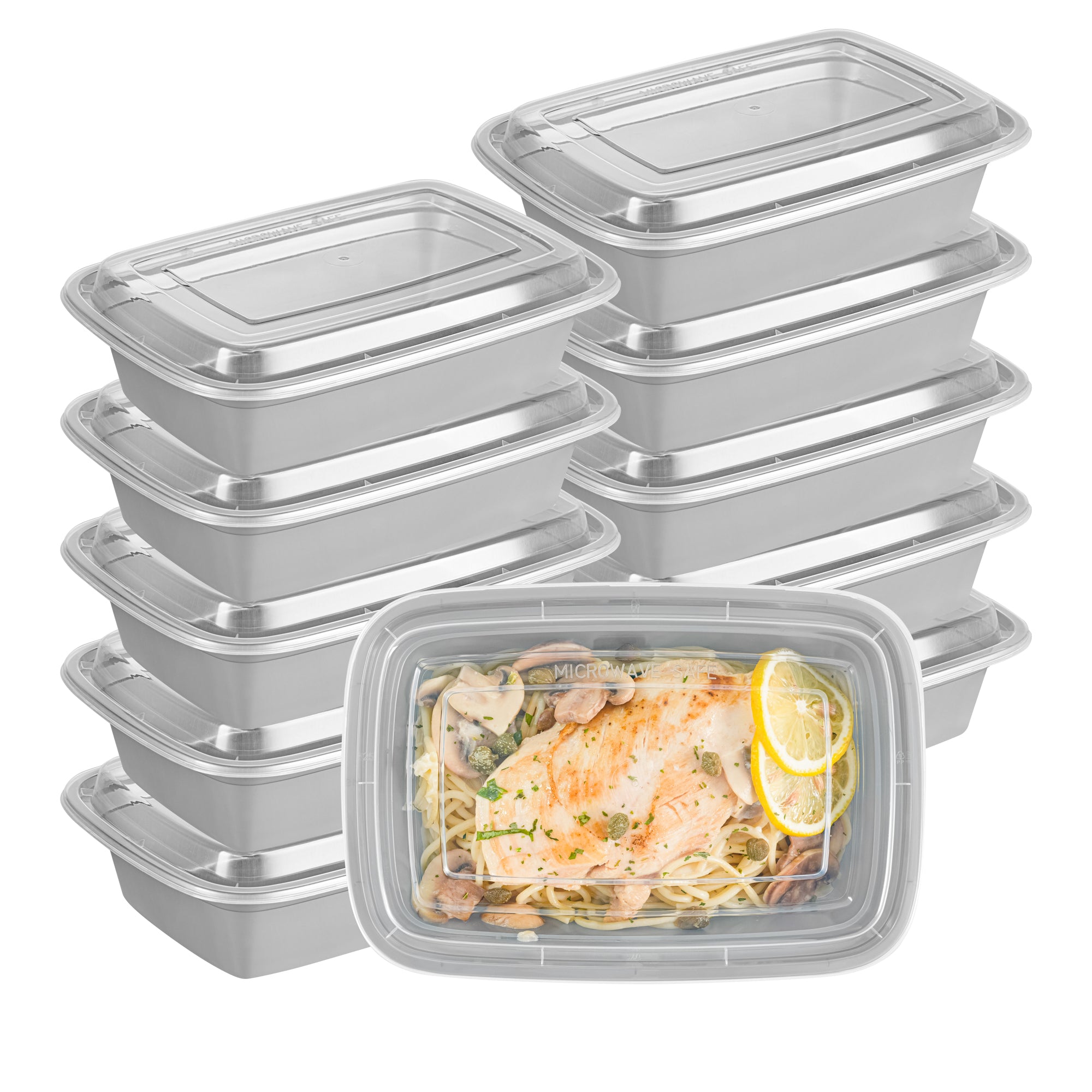 38 oz Rectangle Silver Plastic Food Storage Containers with Clear Lids - Microwave Safe To-Go Boxes (8.75