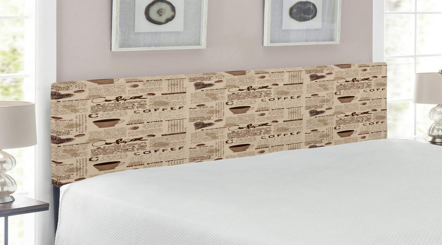 Ambesonne Modern Upholstered Headboard - Vintage Newspaper Print with Coffee Cups & Writing Art, King Size Memory Foam Bed Headboard in Sand Brown & Umber | Perfect for Bedroom Decor, Guest Rooms & Cozy Reading Nooks
