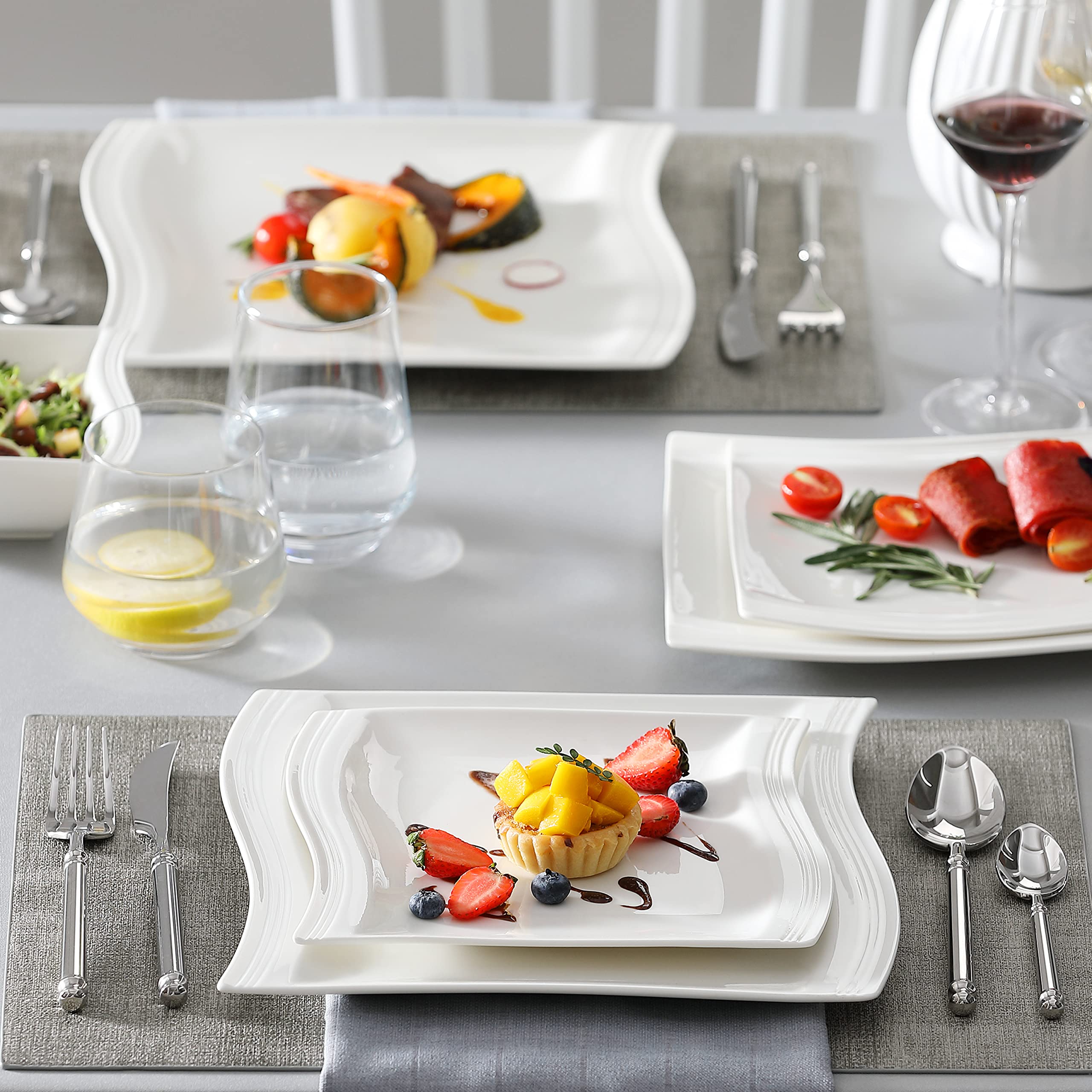 MALACASA 26-Piece Ivory White Porcelain Dinnerware Set - Square Plates, Bowls & Serving Platters for 6, Modern Flora Series Dish Set - Perfect for Family Dinners, Parties & Restaurant Use