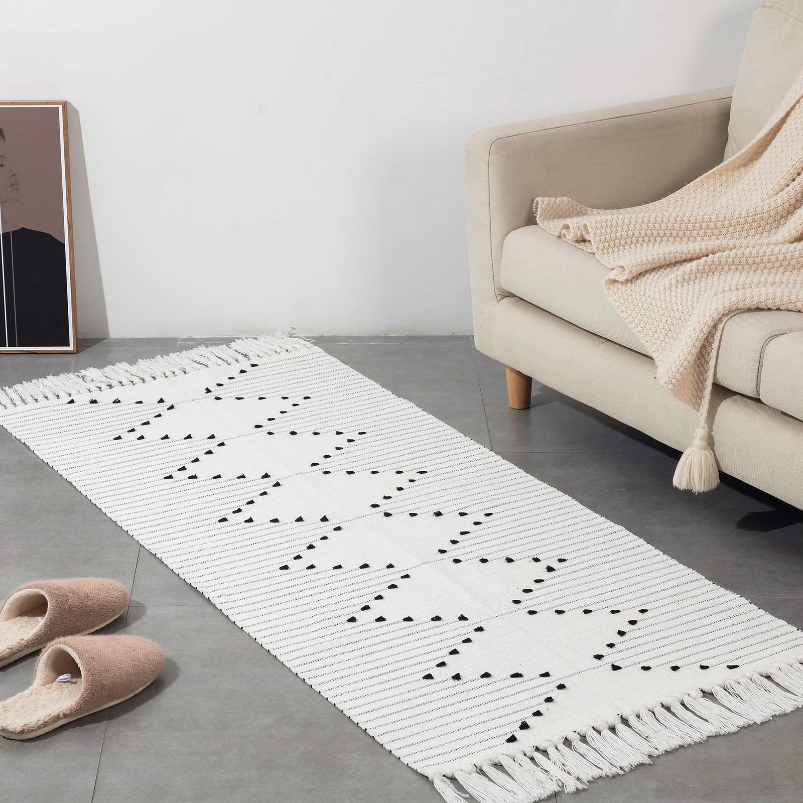 Boho Kitchen Rug Runner - Cotton Woven Washable Moroccan Small Rug with Tassels | Neutral Farmhouse Carpet for Bathroom, Bedroom, Entryway & Door Mat | Non-Slip Flatweave Accent Rug (Off White, 2'x4.3') - Perfect for Boho, Farmhouse & Modern Home Decor