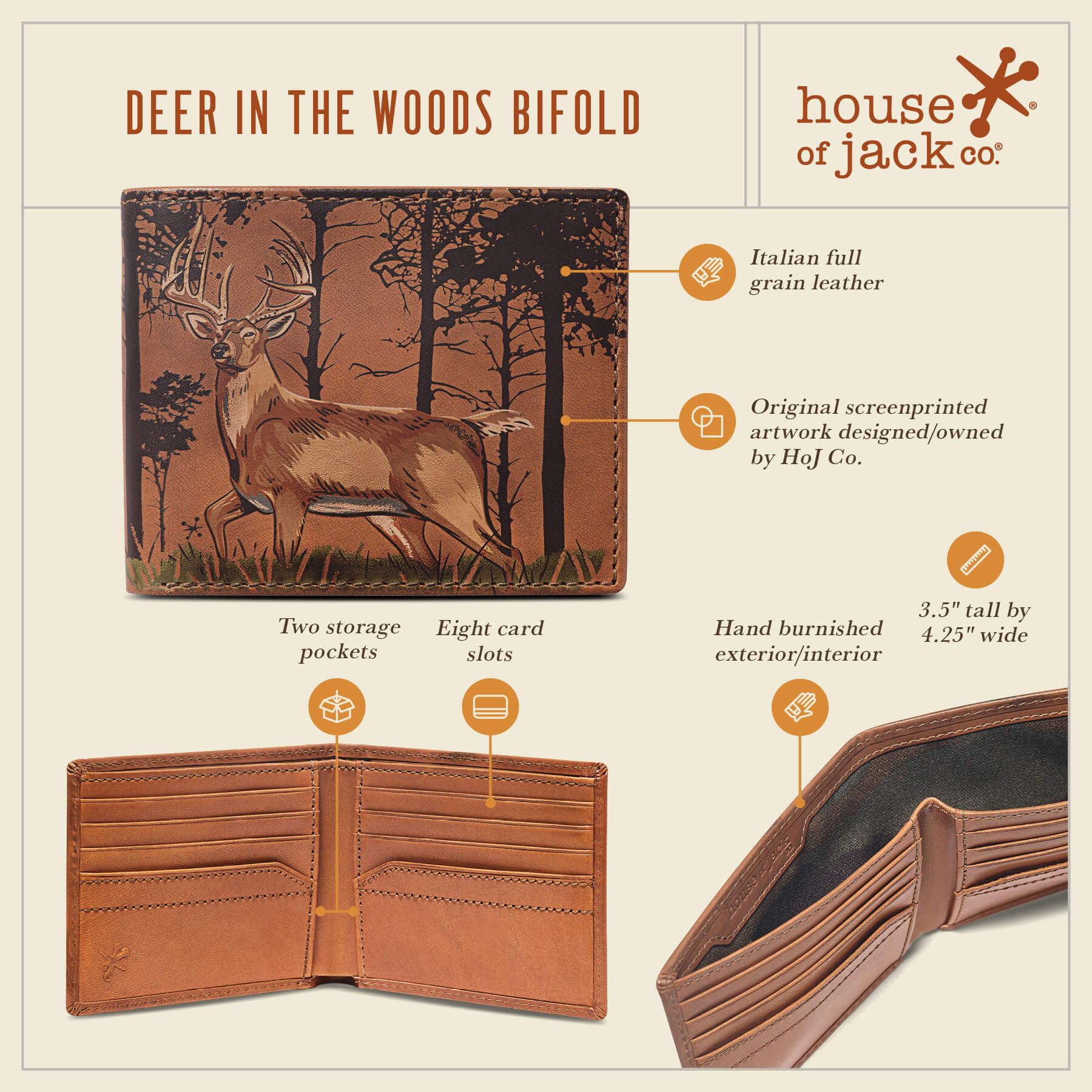 House of Jack Co. Men's Deer In The Woods Bifold Wallet - Premium Full Grain Italian Cowhide Leather with Camouflage Lining - Perfect for Outdoor Enthusiasts & Everyday Carry (Tan)