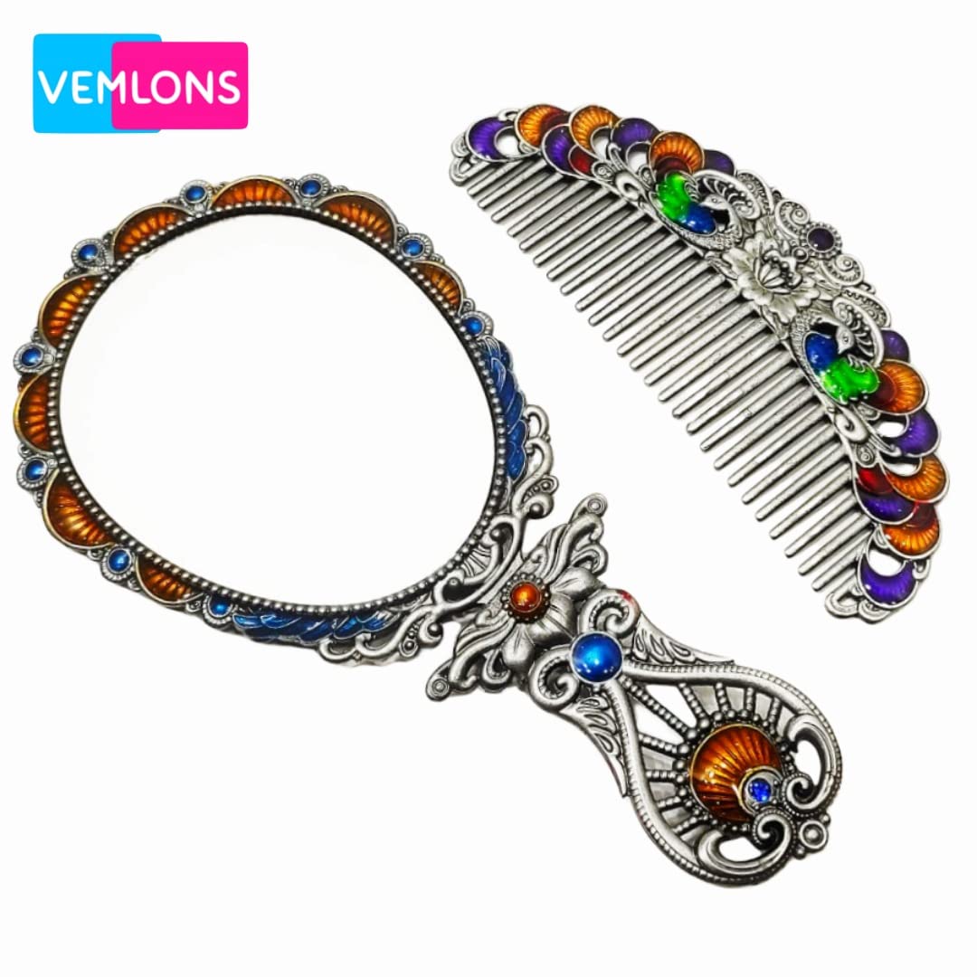Vemlons Comb and Mirror Set - Large Silver Framed Hand Mirror with Comb, Portable Tabletop Makeup Mirror for Travel, Home, Salon & Bridal Use - Unique Design