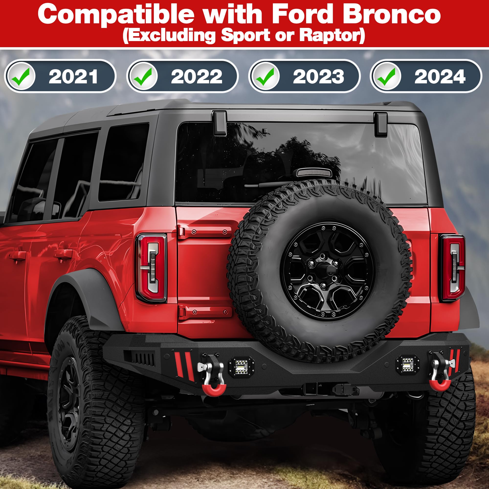 Heavy Duty Textured Black Rear Bumper with Step Plate & D-Rings for 2021-2024 Ford Bronco (Excluding Sport/Raptor) | Off-Road Truck Accessory for Adventure & Towing